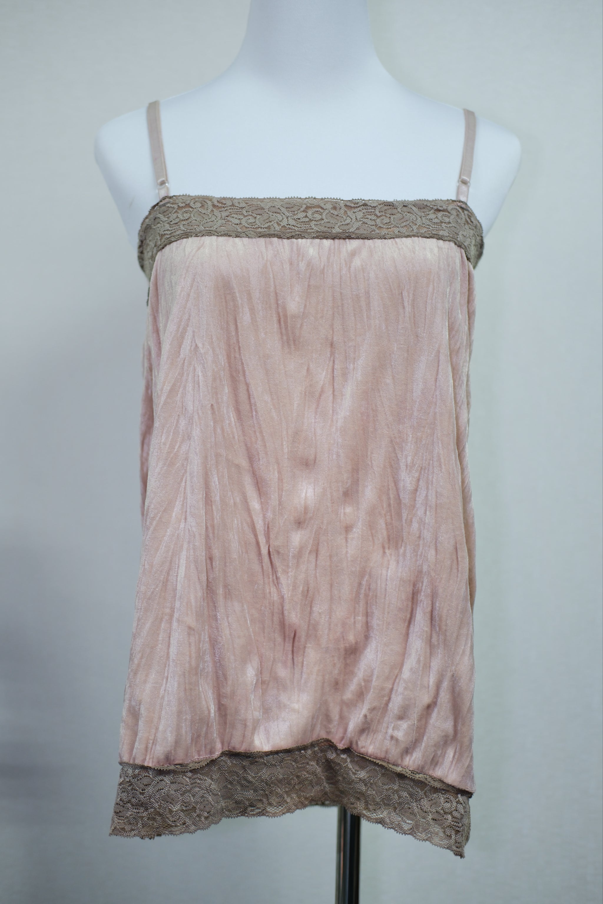 Blush Crinkled Satin Cami Top with Dual Lace Trim