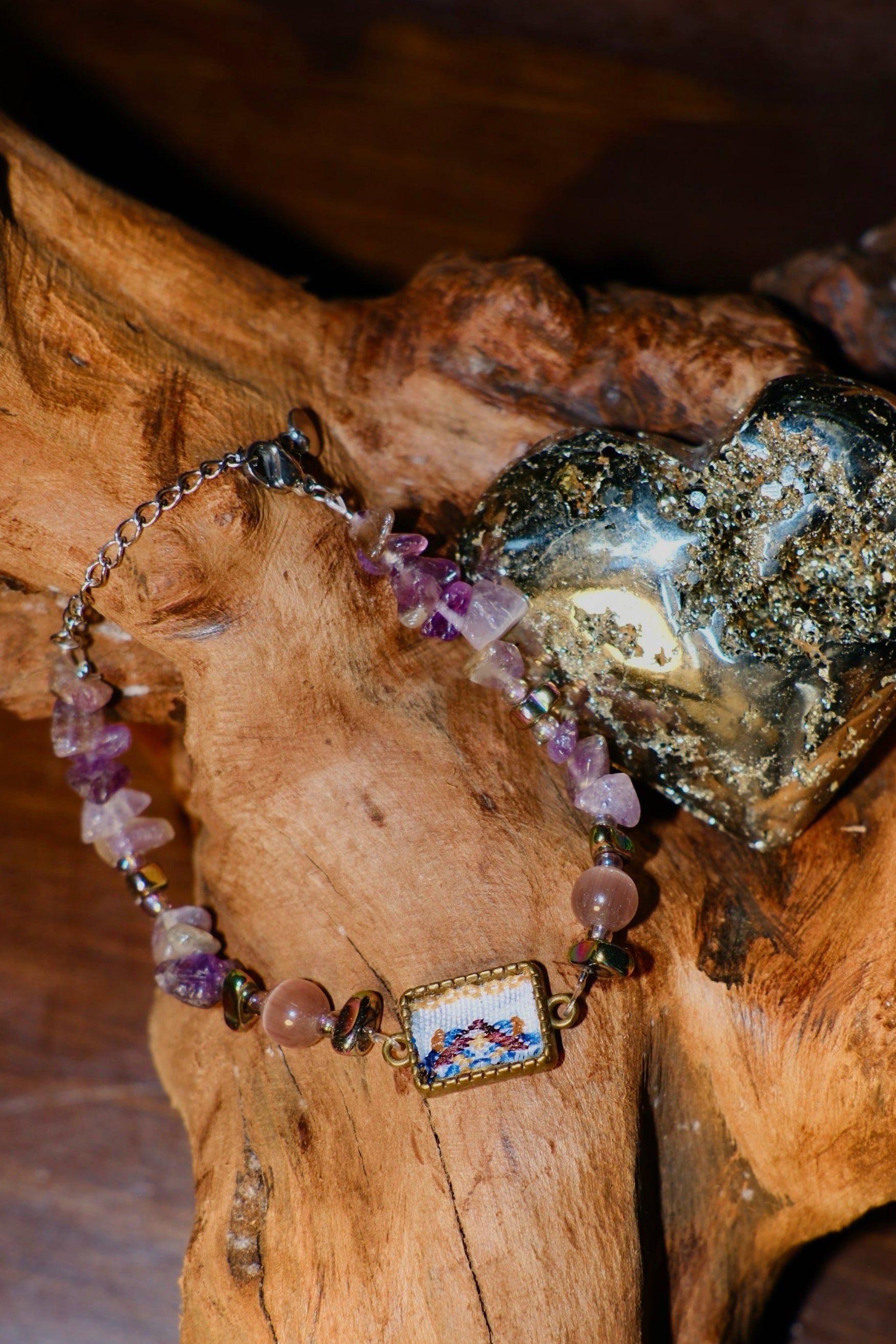 Embroidered Bracelet with Natural Amethyst & Rose Quartz Beads