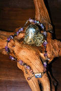 Embroidered Necklace with Natural Amethyst Chips & Pink Cat's Eye Beads