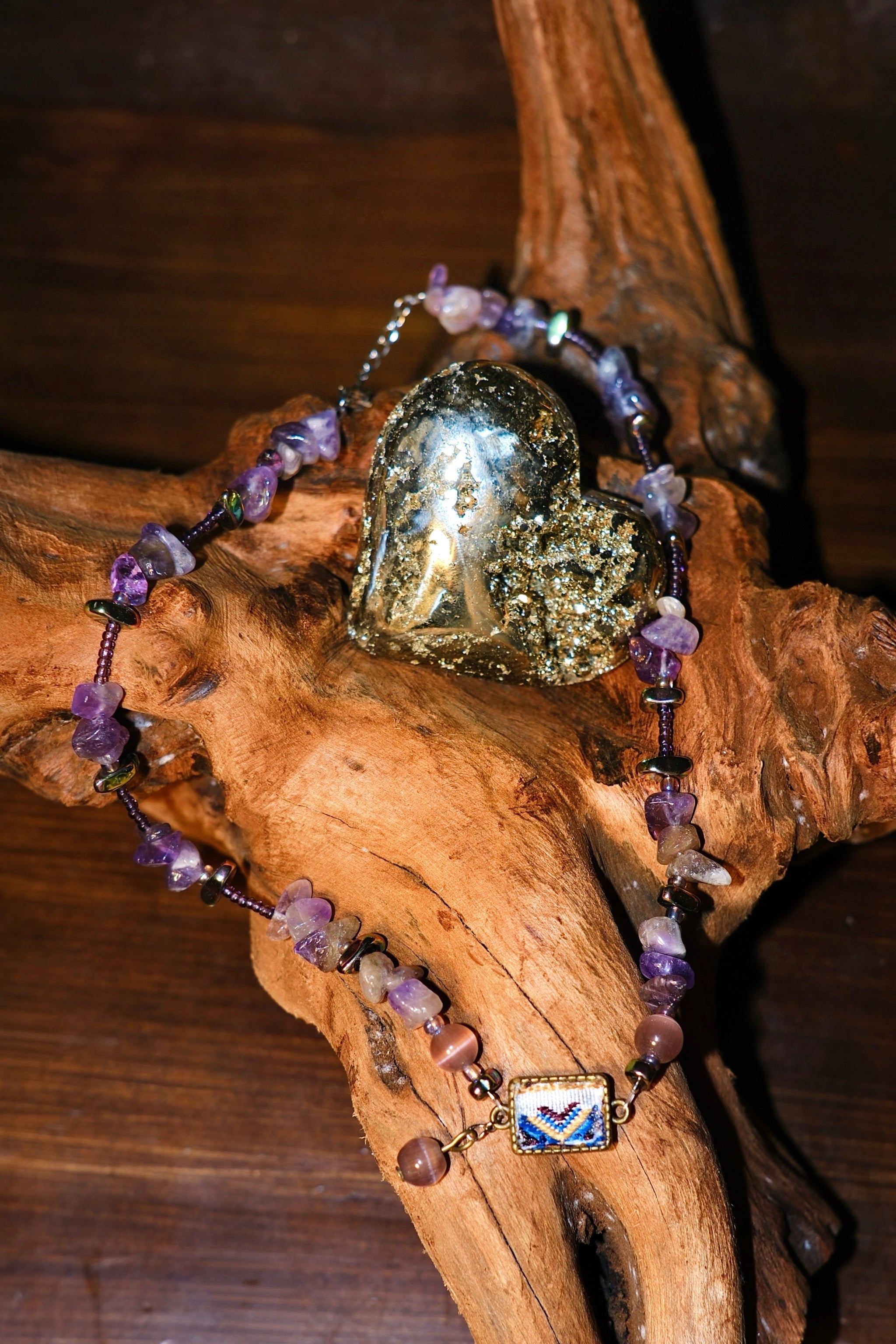Embroidered Necklace with Natural Amethyst Chips & Pink Cat's Eye Beads