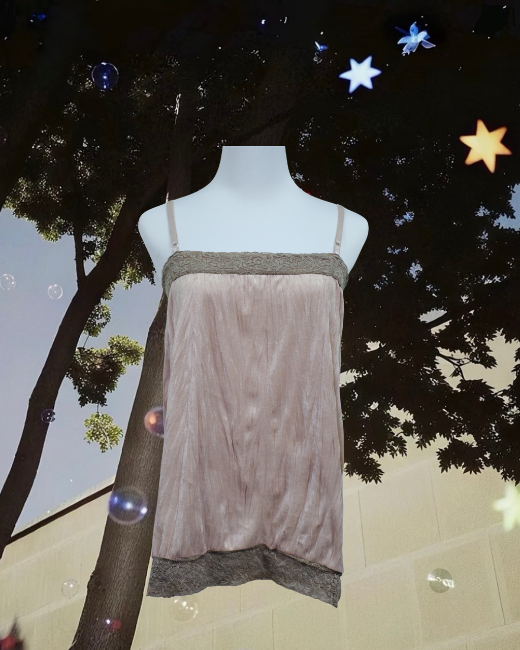 Blush Crinkled Satin Cami Top with Dual Lace Trim