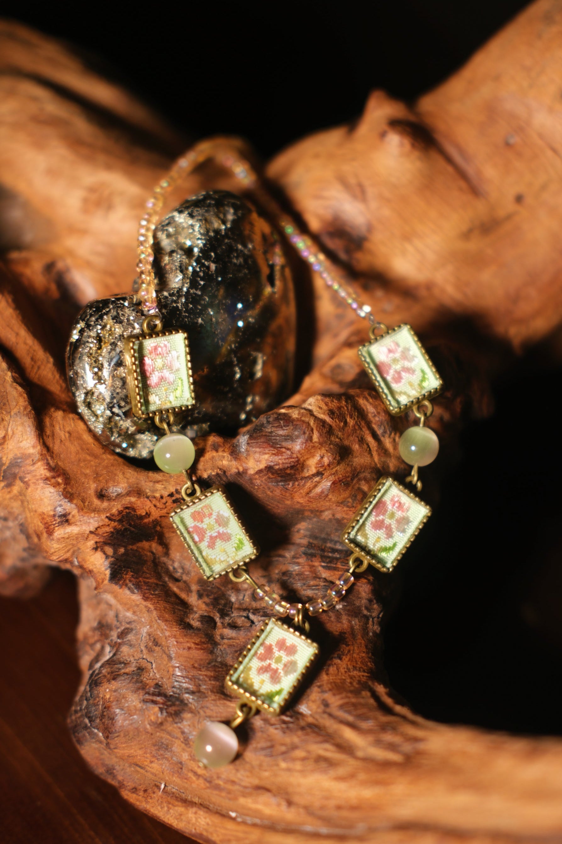 Green Pink Embroidered Necklace ￼ with Cat's Eye Beads
