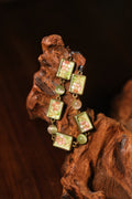 Green Pink Embroidered Bracelet with Cat's Eye Beads
