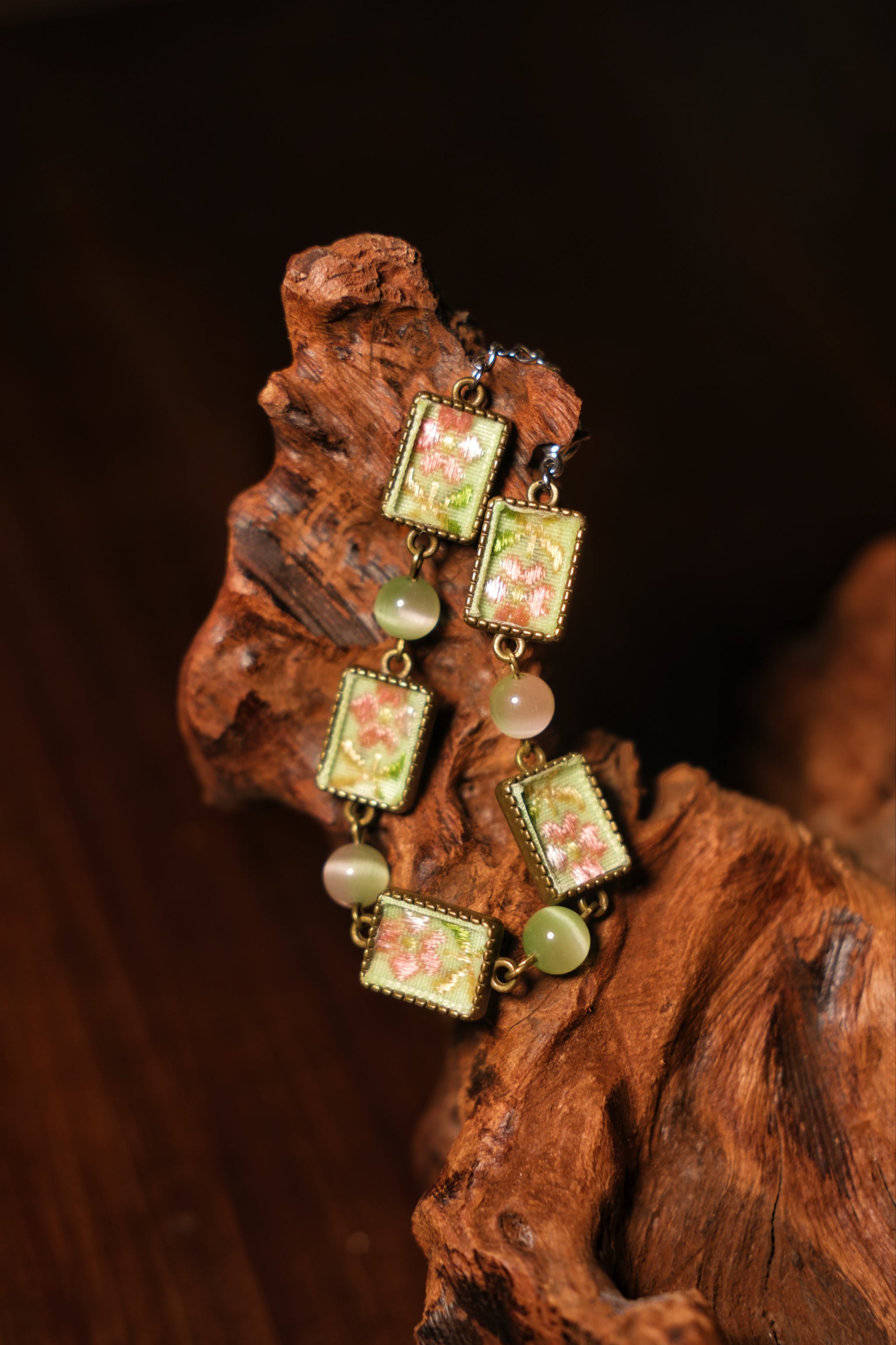 Green Pink Embroidered Bracelet with Cat's Eye Beads