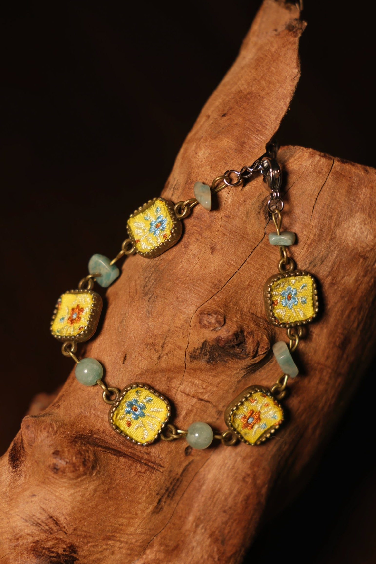 Bright Yellow Embroidered Tile & Aquamarine Handmade Adjustable Bracelet