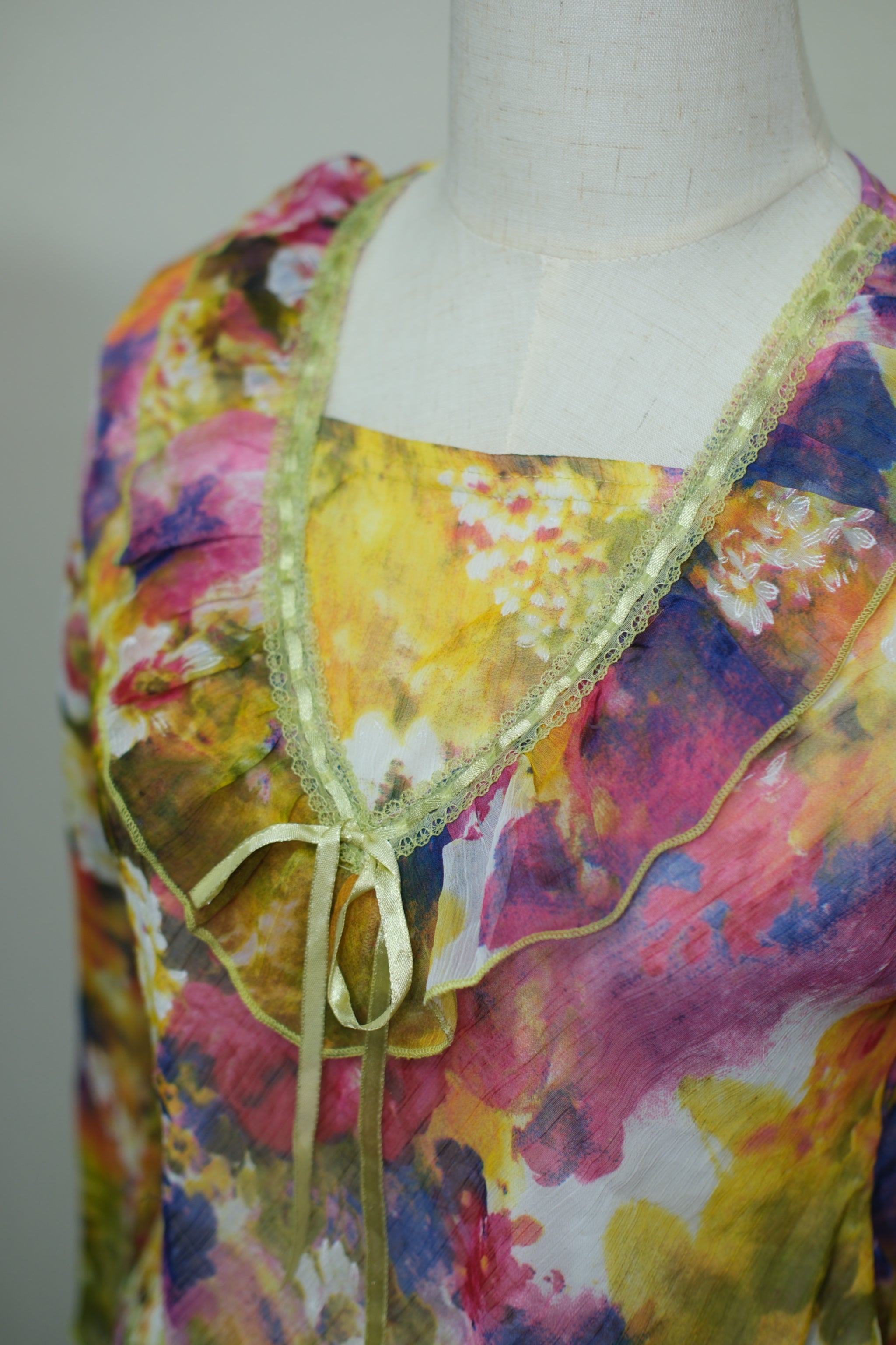 Watercolor Floral Ruffle Neck Tie Flared Sleeve Chiffon Blouse