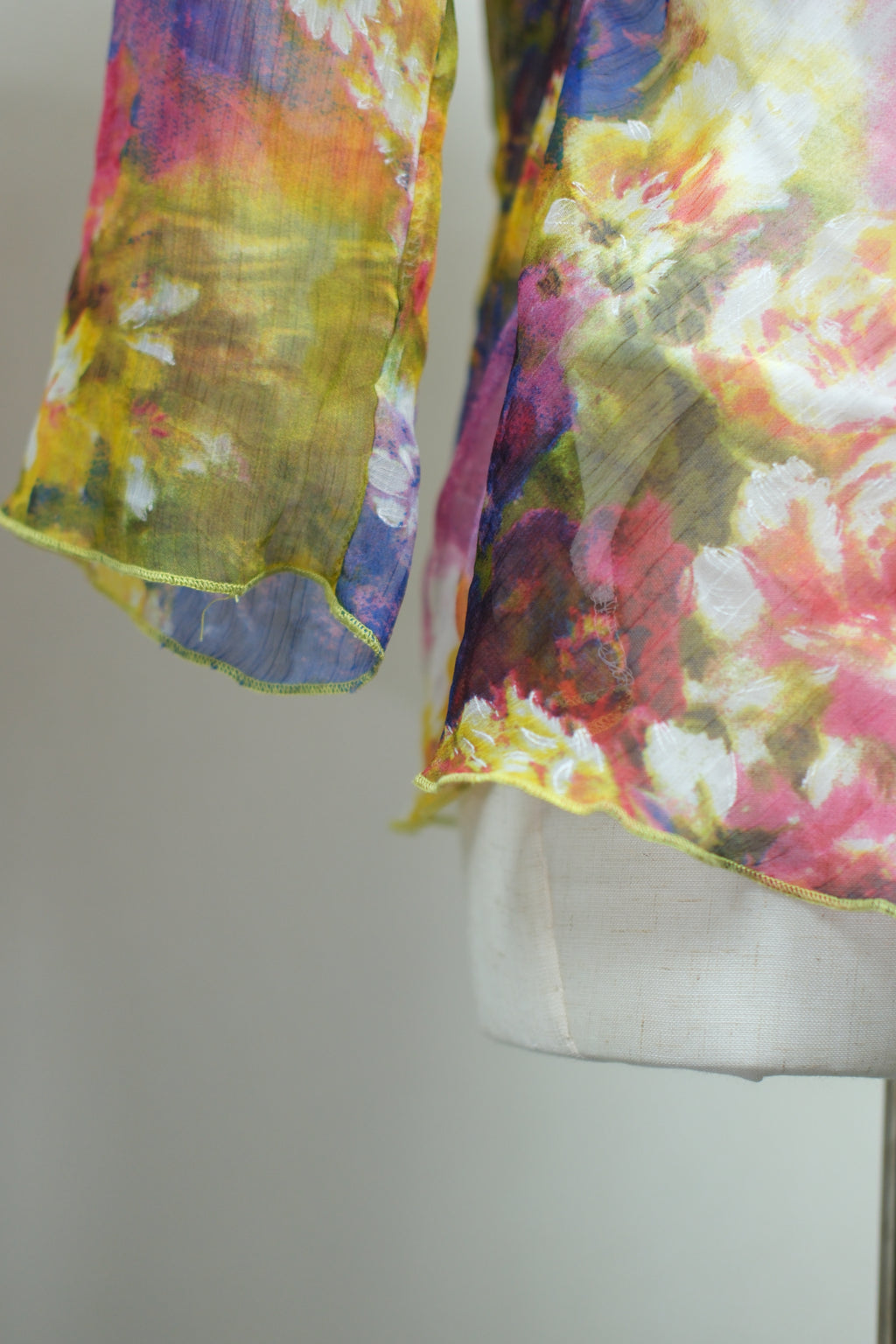 Watercolor Floral Ruffle Neck Tie Flared Sleeve Chiffon Blouse