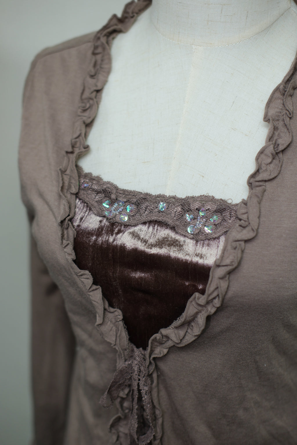 Mocha Ruffle Tie Fake Two-Piece Velvet Long Sleeve Top