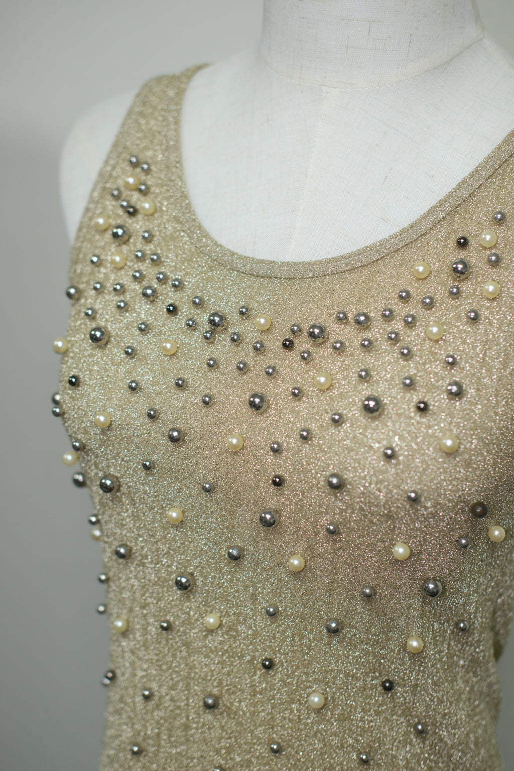 Gold Glitter Rhinestone & Pearl Tank Top