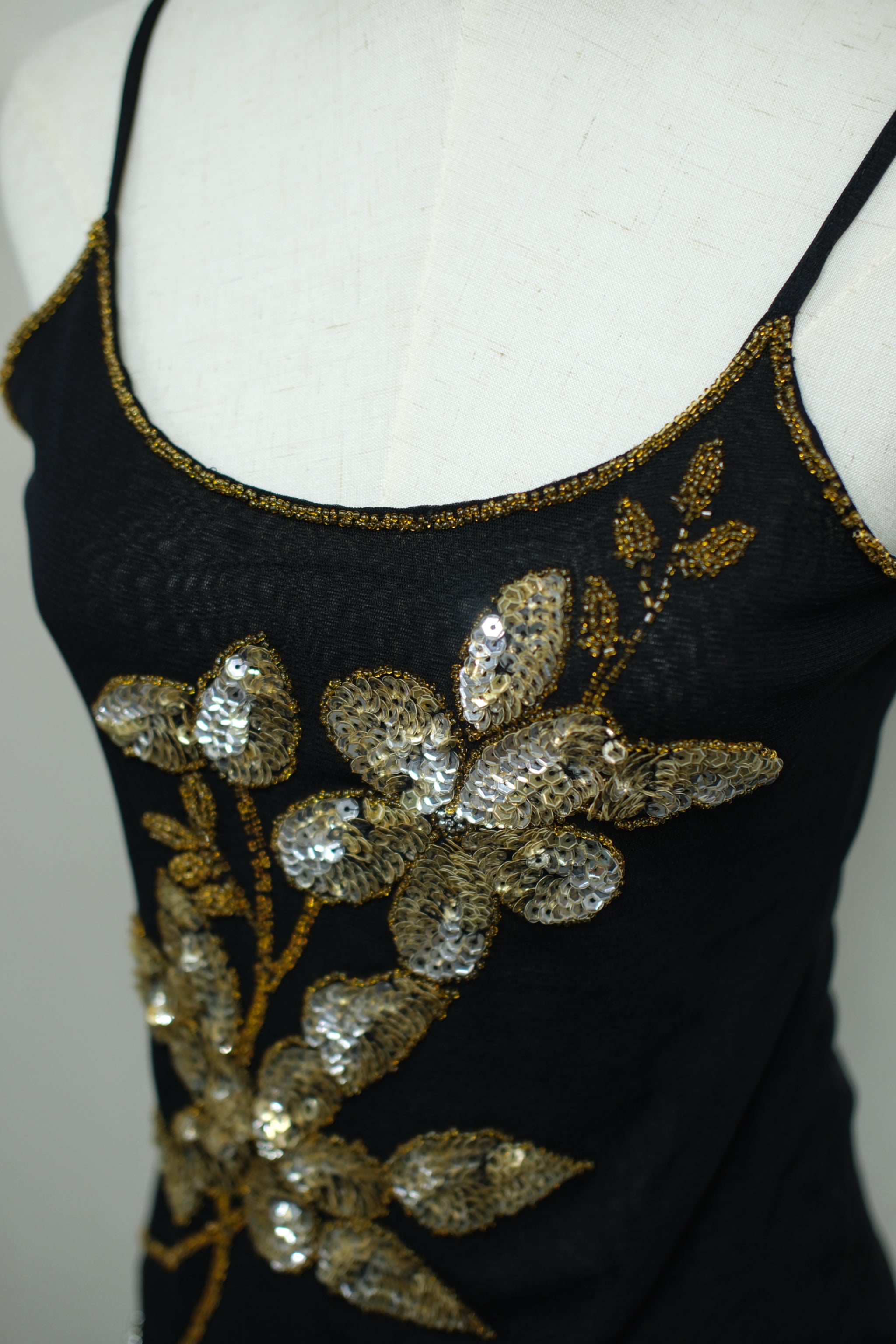 Black Mesh Gold Sequin Floral Strap
