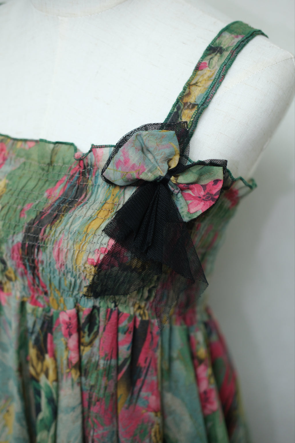 Green Floral Smocked Waist Irregular Chiffon Cami Mini Dress