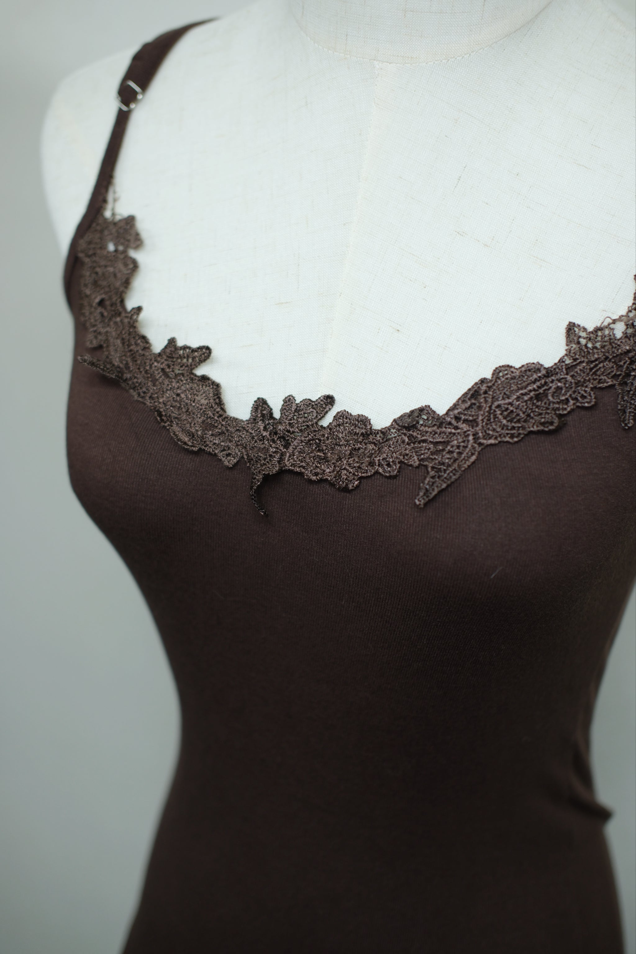 Dark Brown Lace Double Ruffle Slip Dress
