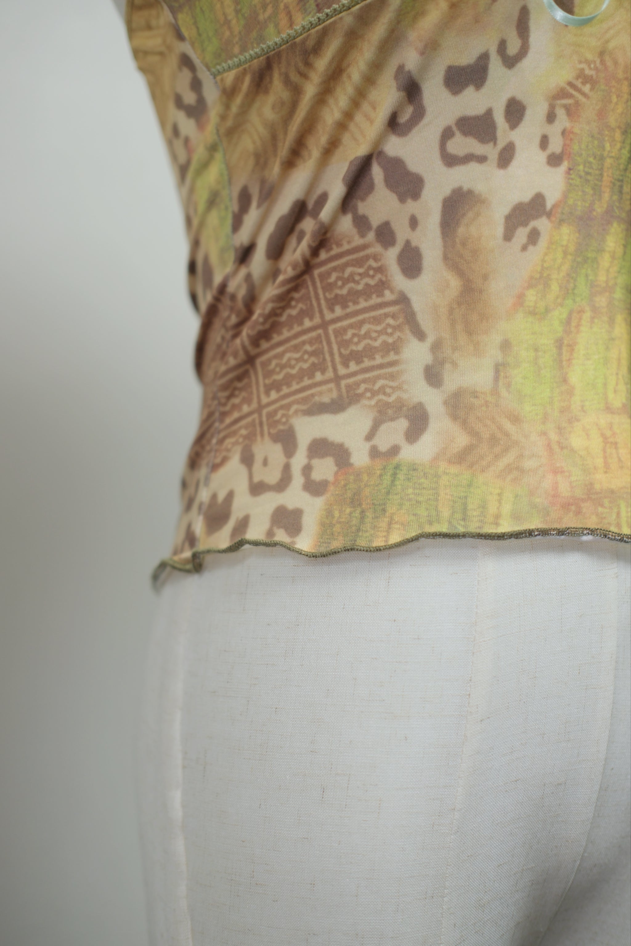 Light Green Lace Trim Tie Retro Leopard Crop Cami