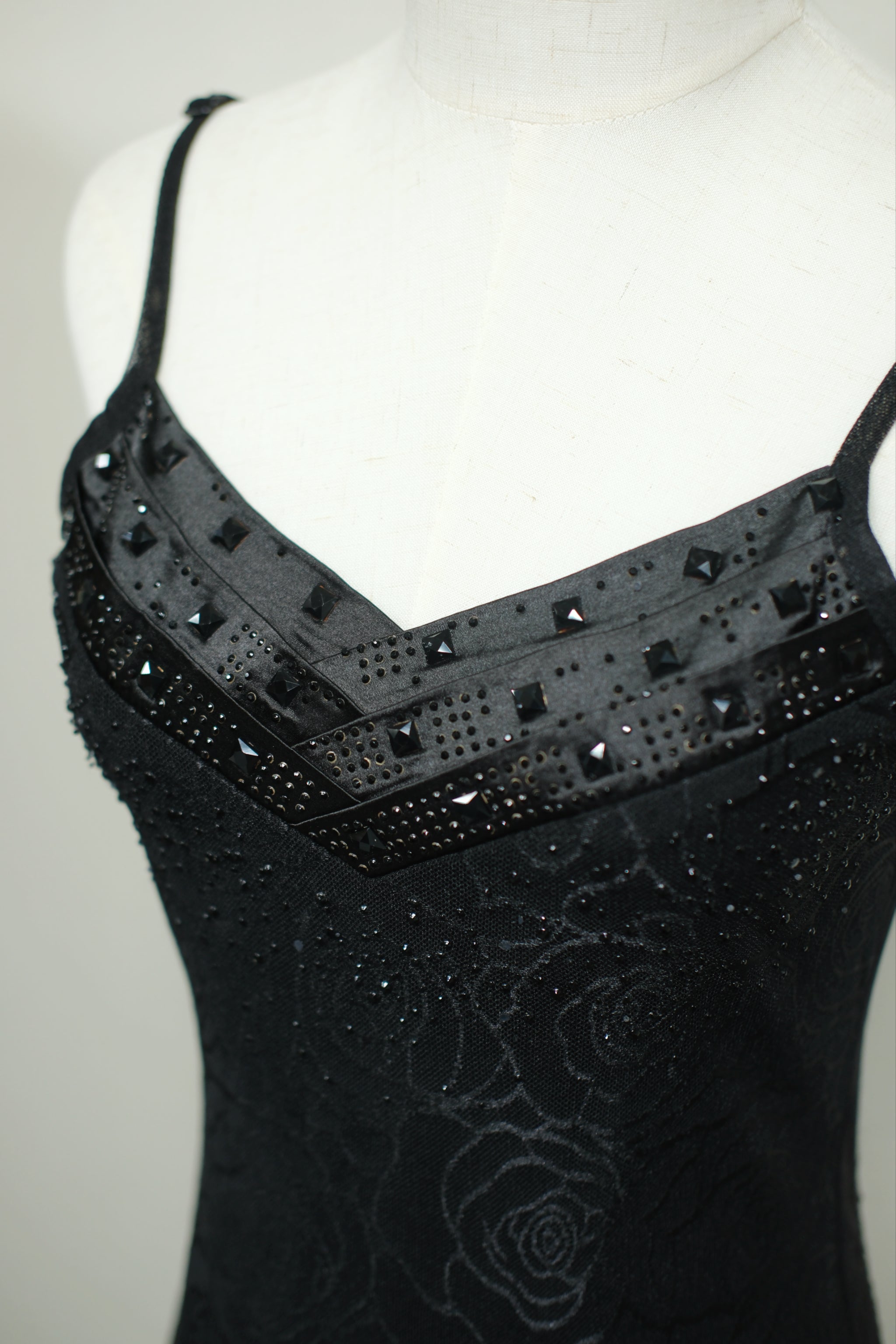 Black Embossed Rose Rhinestone V-Neck Cami