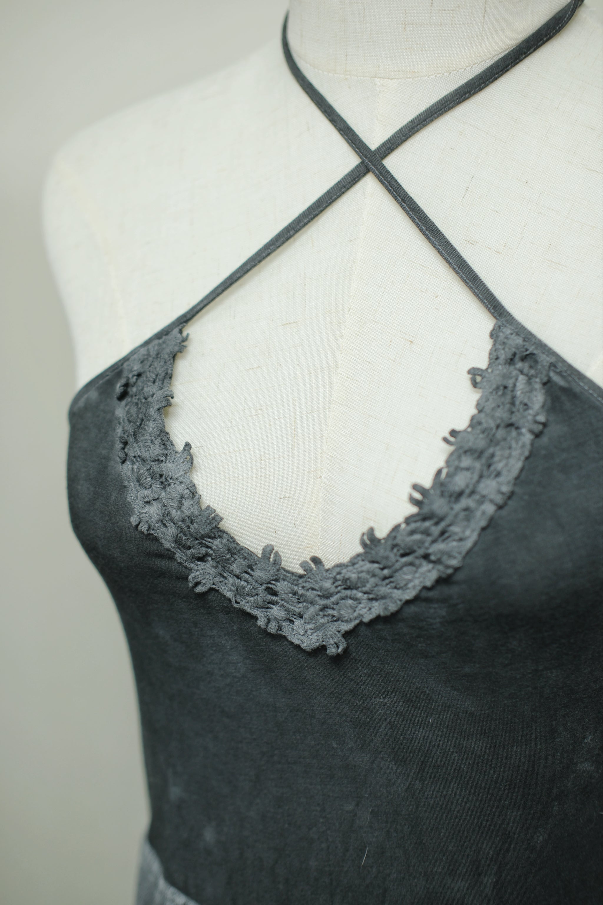Charcoal Grey Crisscross Halter Lace Embroidered Blouse