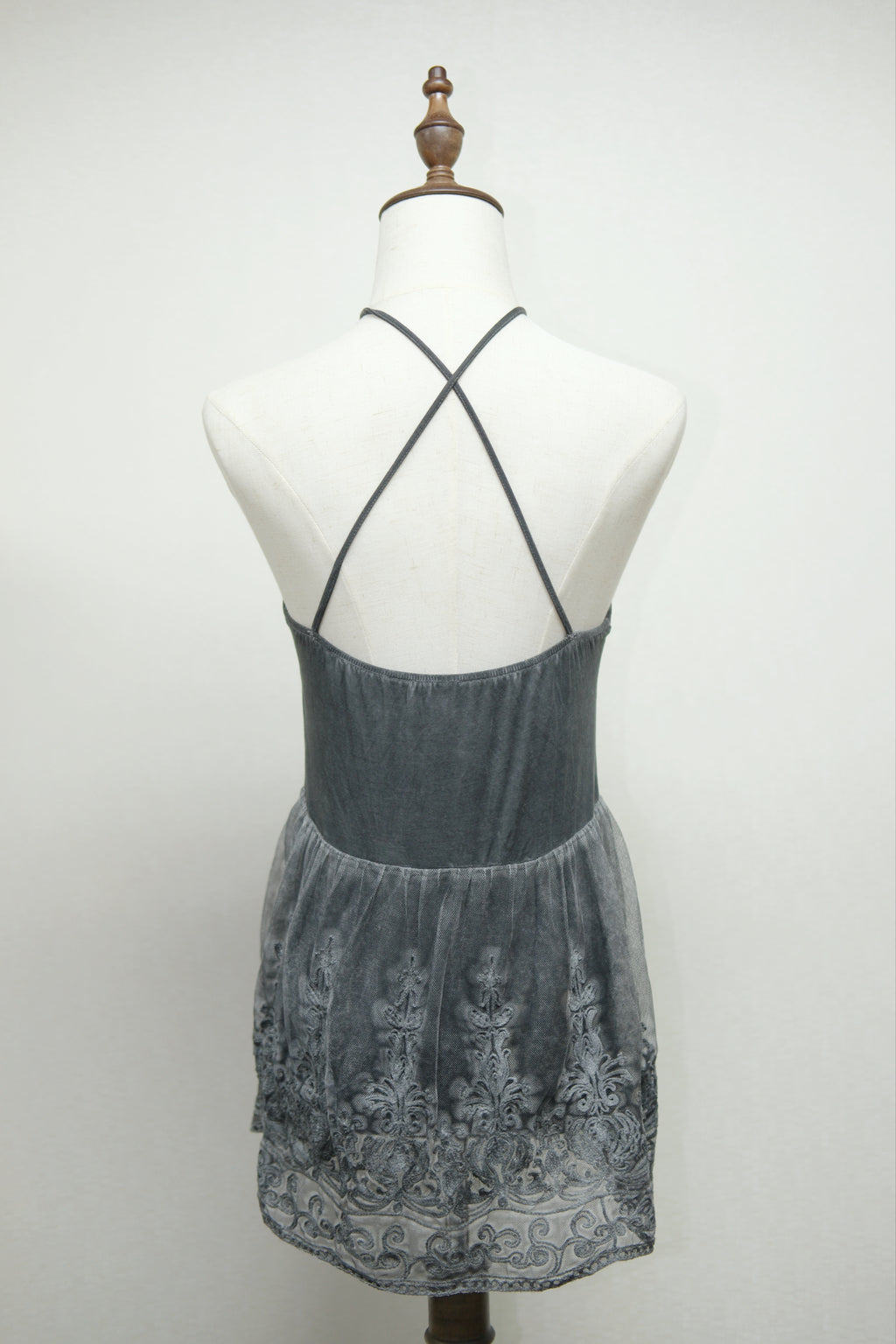 Charcoal Grey Crisscross Halter Lace Embroidered Blouse