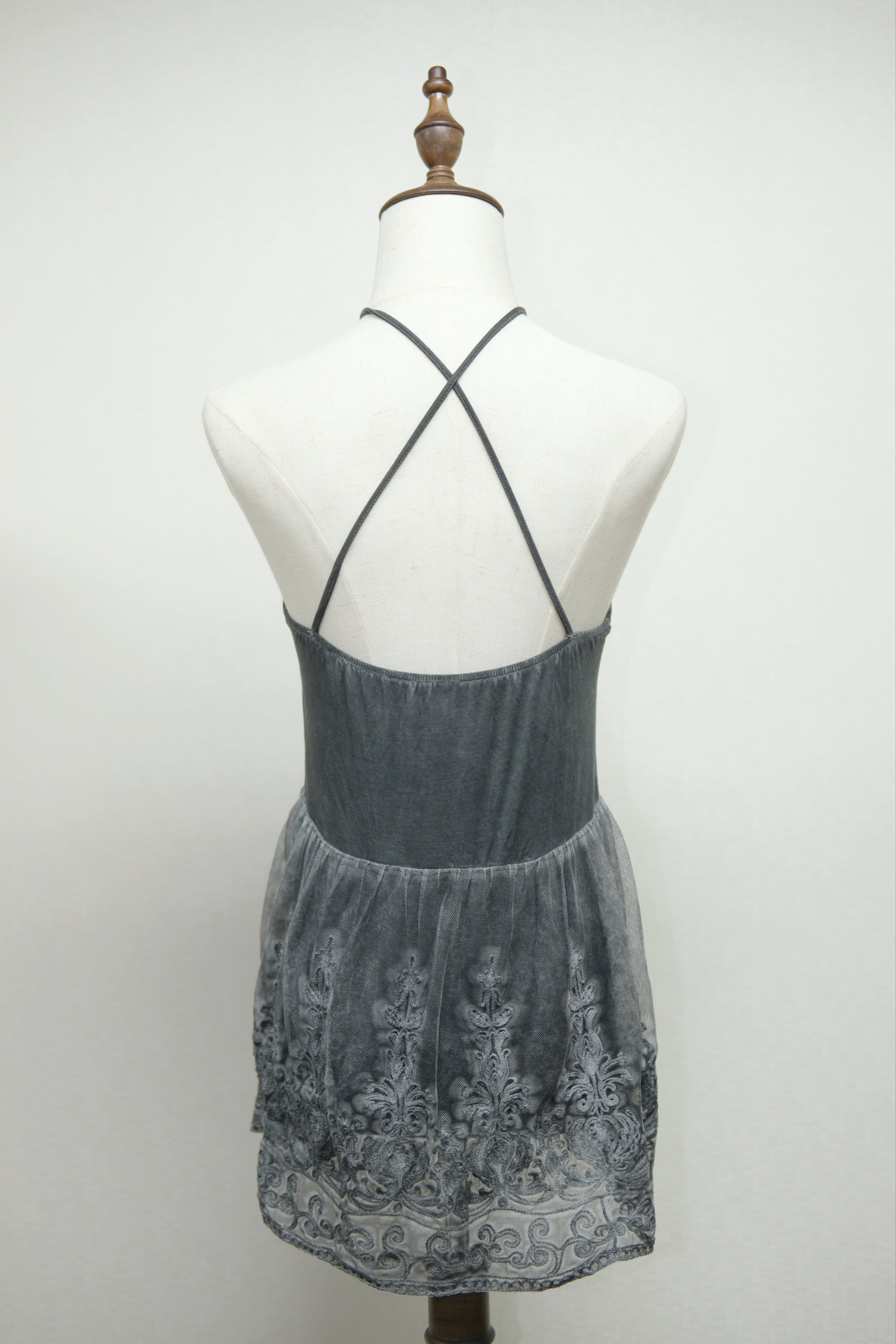 Charcoal Grey Crisscross Halter Lace Embroidered Blouse