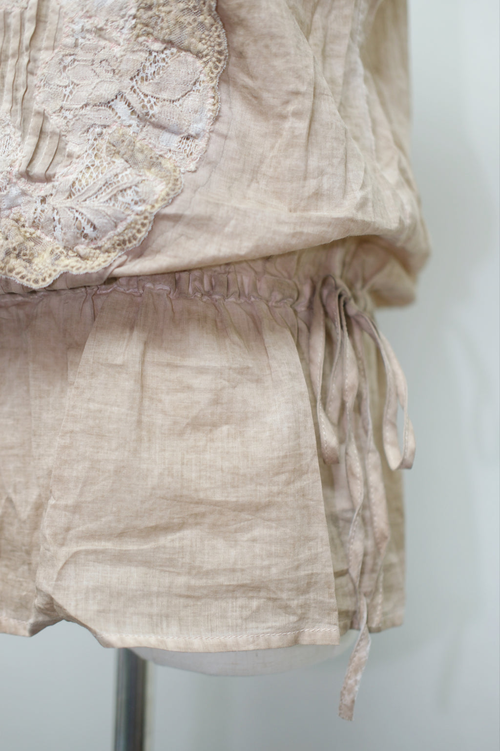 Coffee Lace Embroidery Waist Drawstring Blouse
