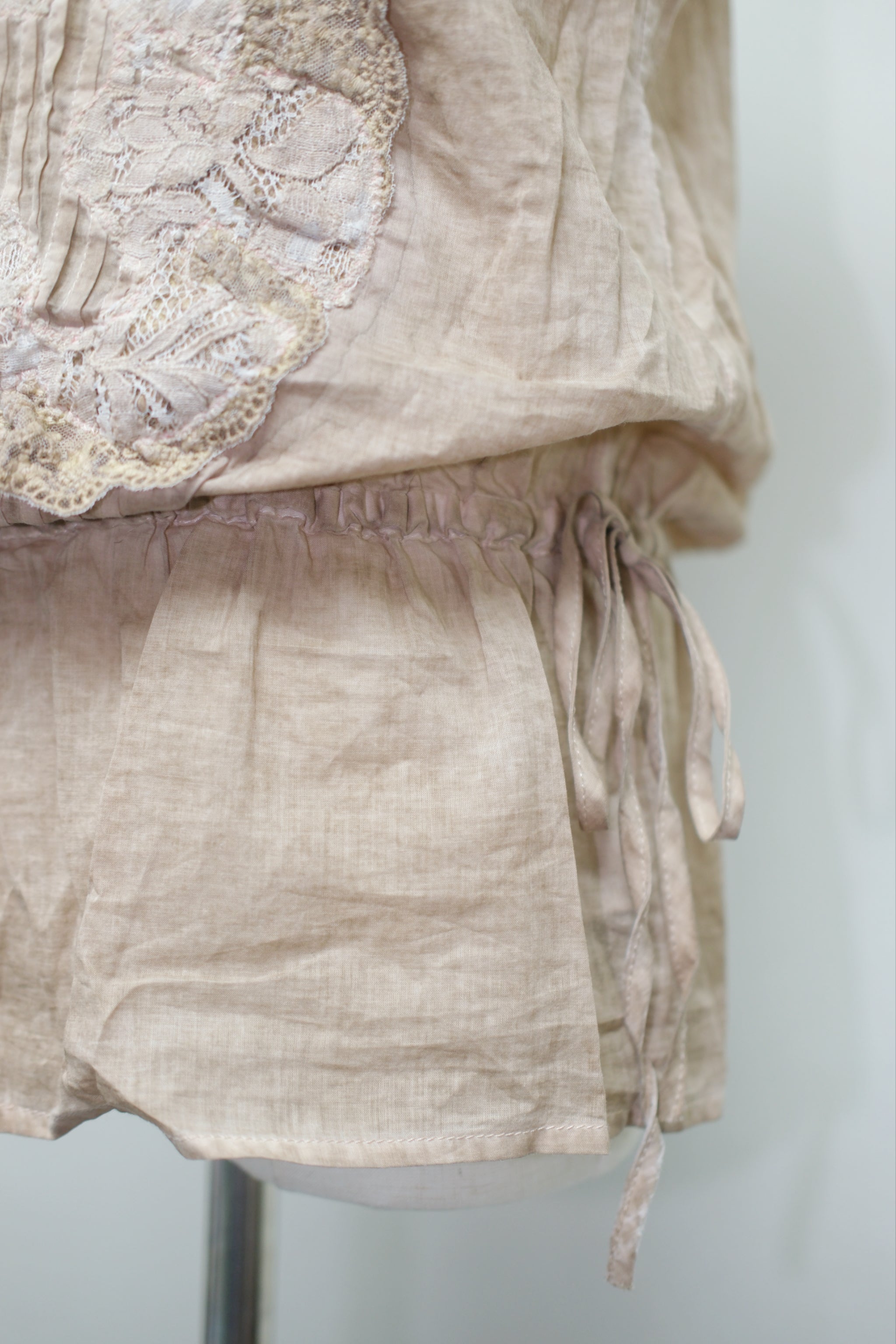 Coffee Lace Embroidery Waist Drawstring Blouse