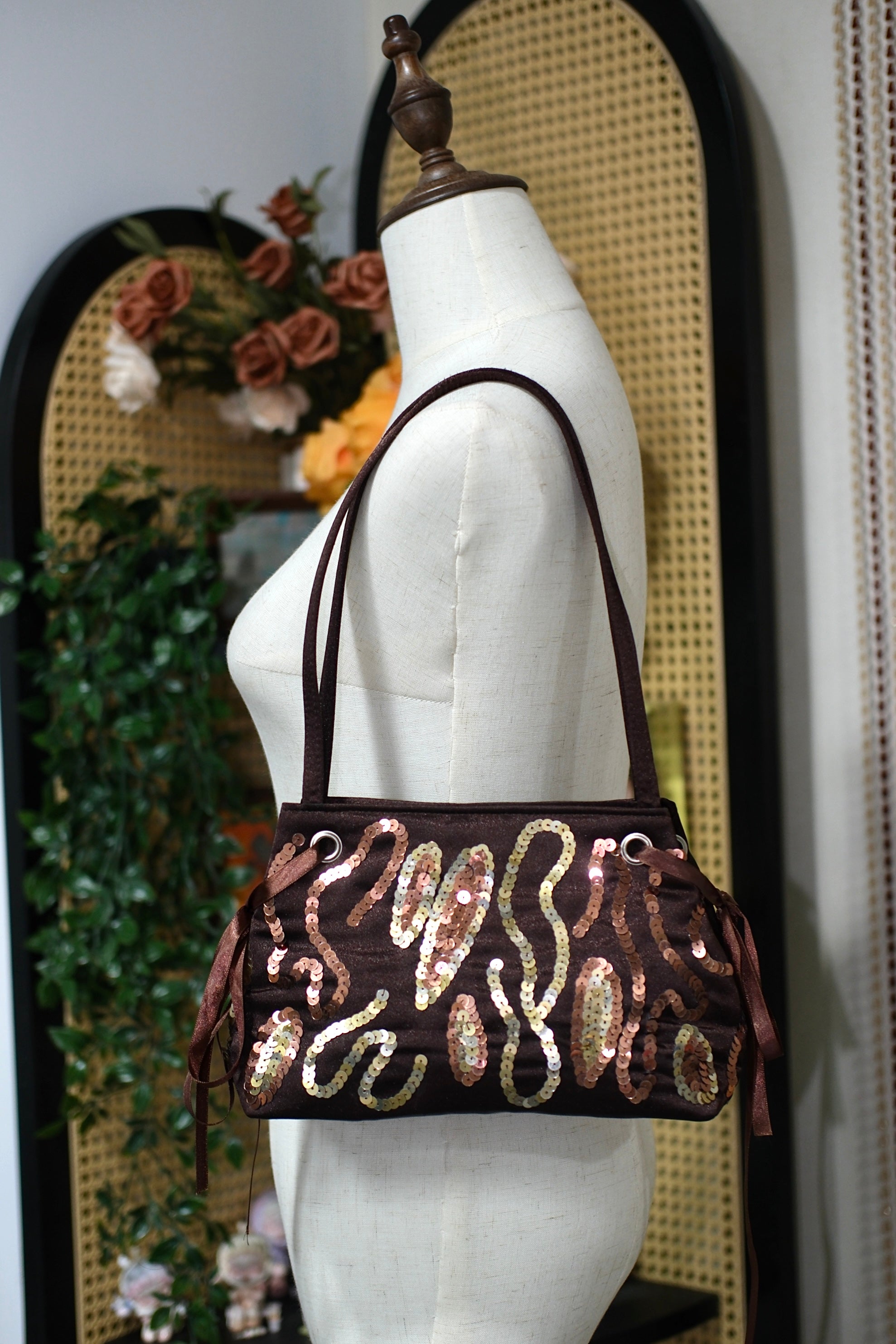 Dark Brown Wavy Sequin Satin Ribbon Shoulder Bag