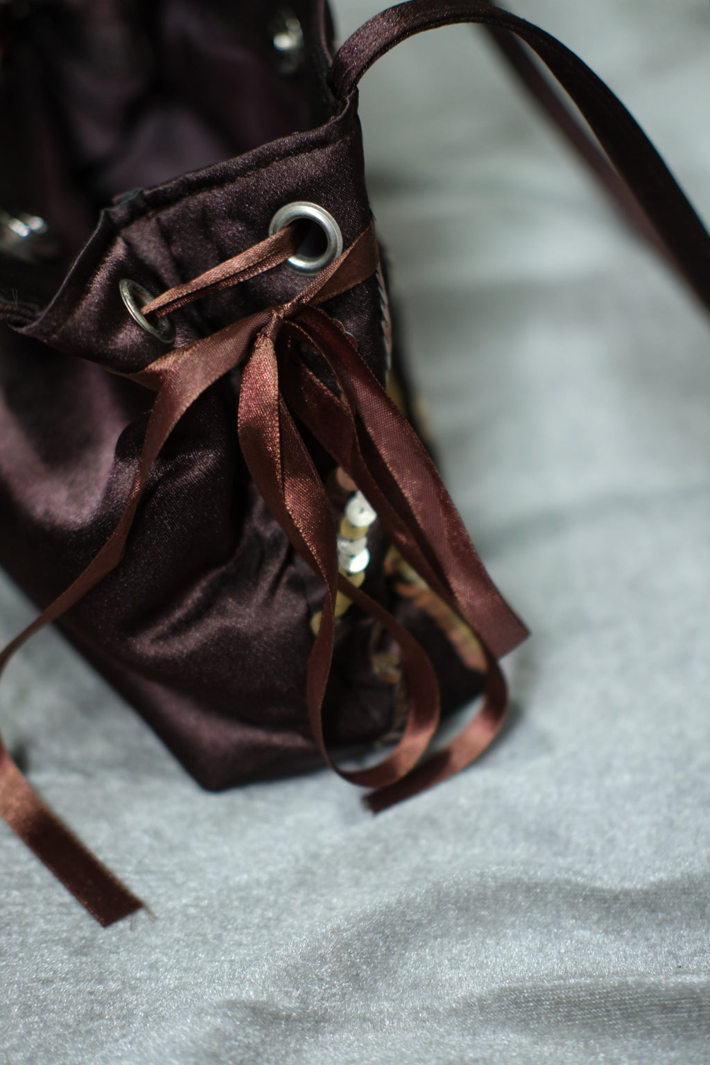 Dark Brown Wavy Sequin Satin Ribbon Shoulder Bag