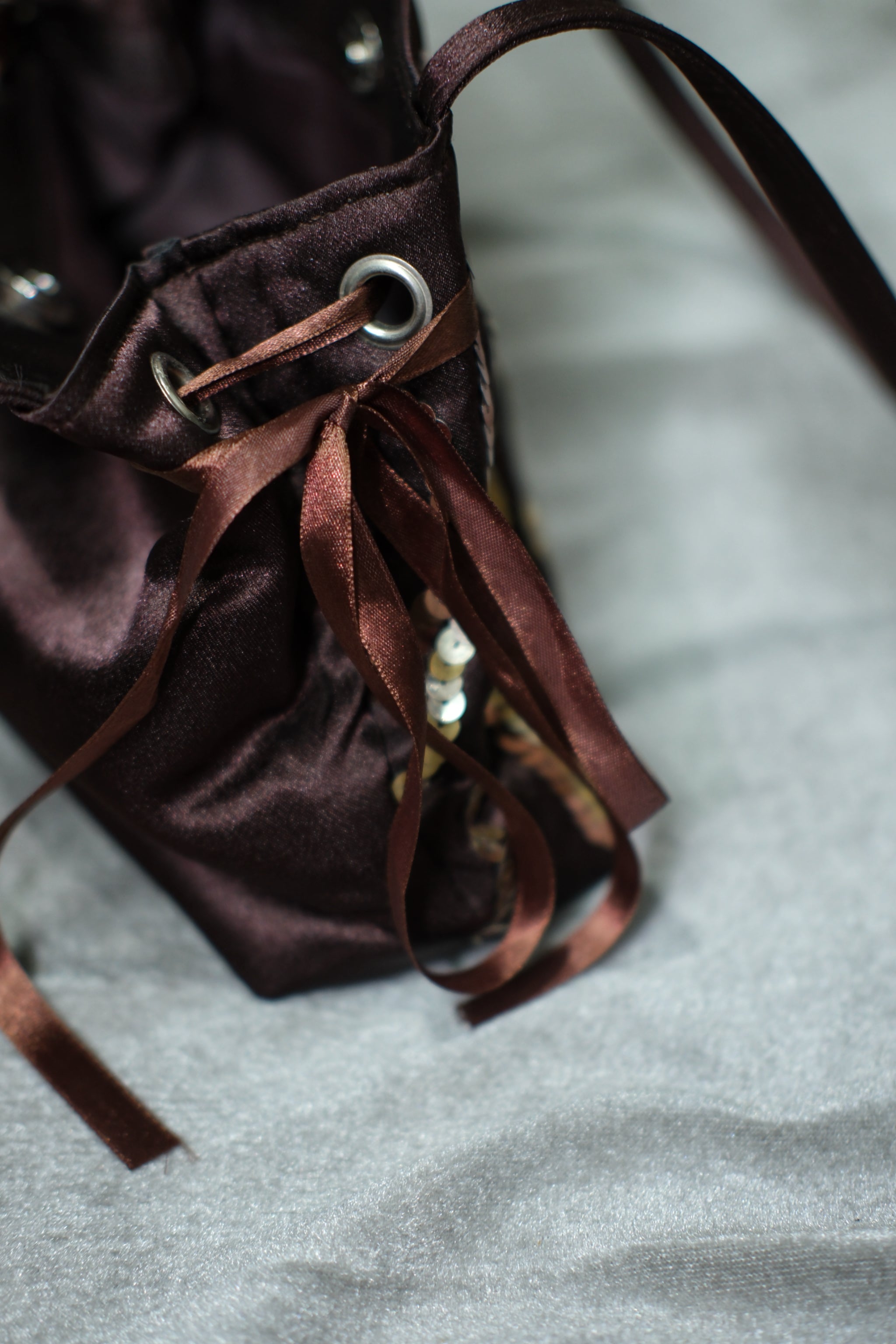 Dark Brown Wavy Sequin Satin Ribbon Shoulder Bag