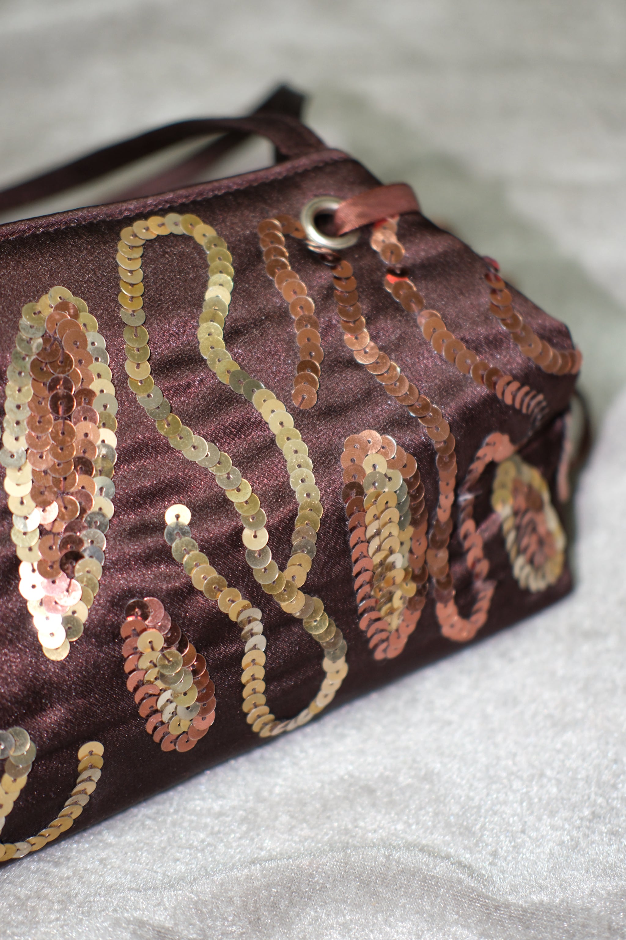 Dark Brown Wavy Sequin Satin Ribbon Shoulder Bag