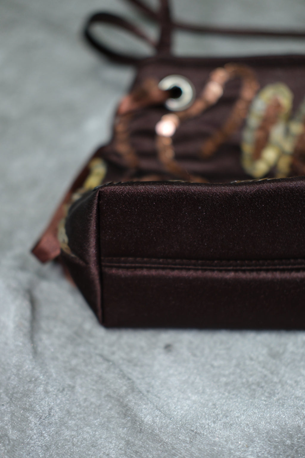 Dark Brown Wavy Sequin Satin Ribbon Shoulder Bag