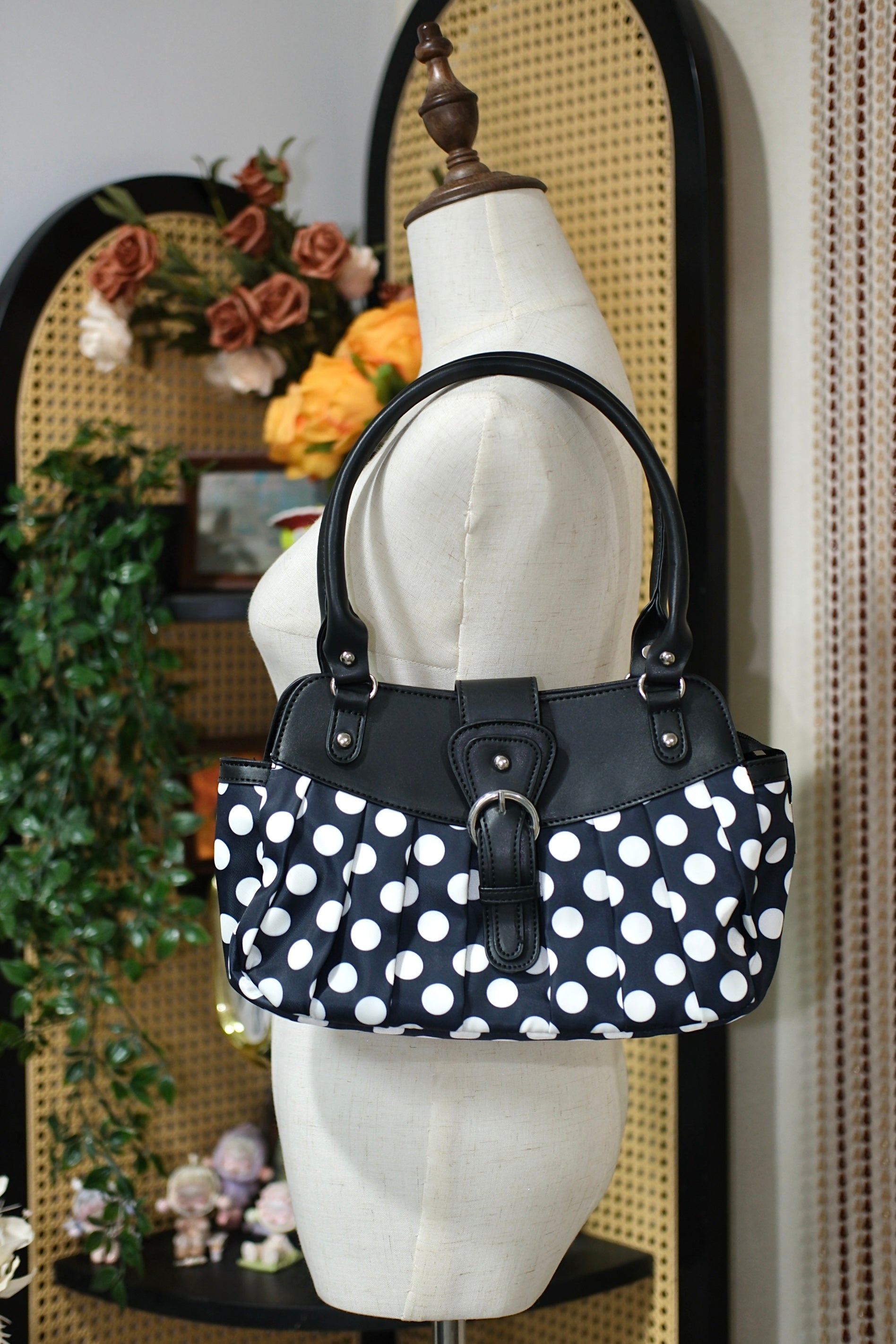 Black White Polka Dot Gathered Handbag
