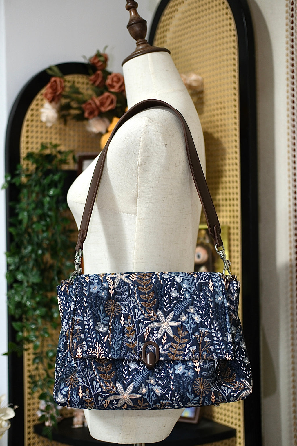 Navy Botanical Print Flap Shoulder Tote Bag