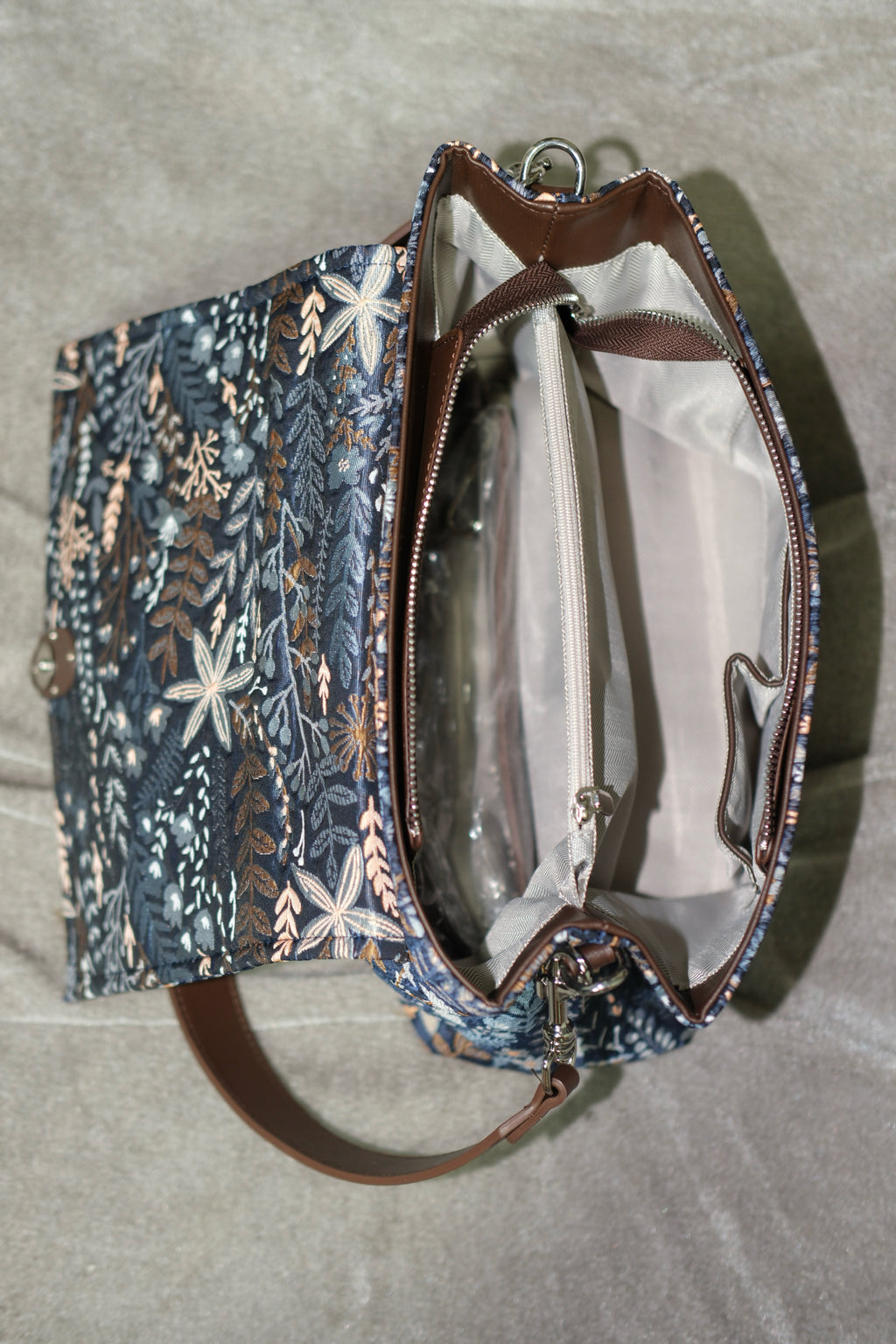 Navy Botanical Print Flap Shoulder Tote Bag