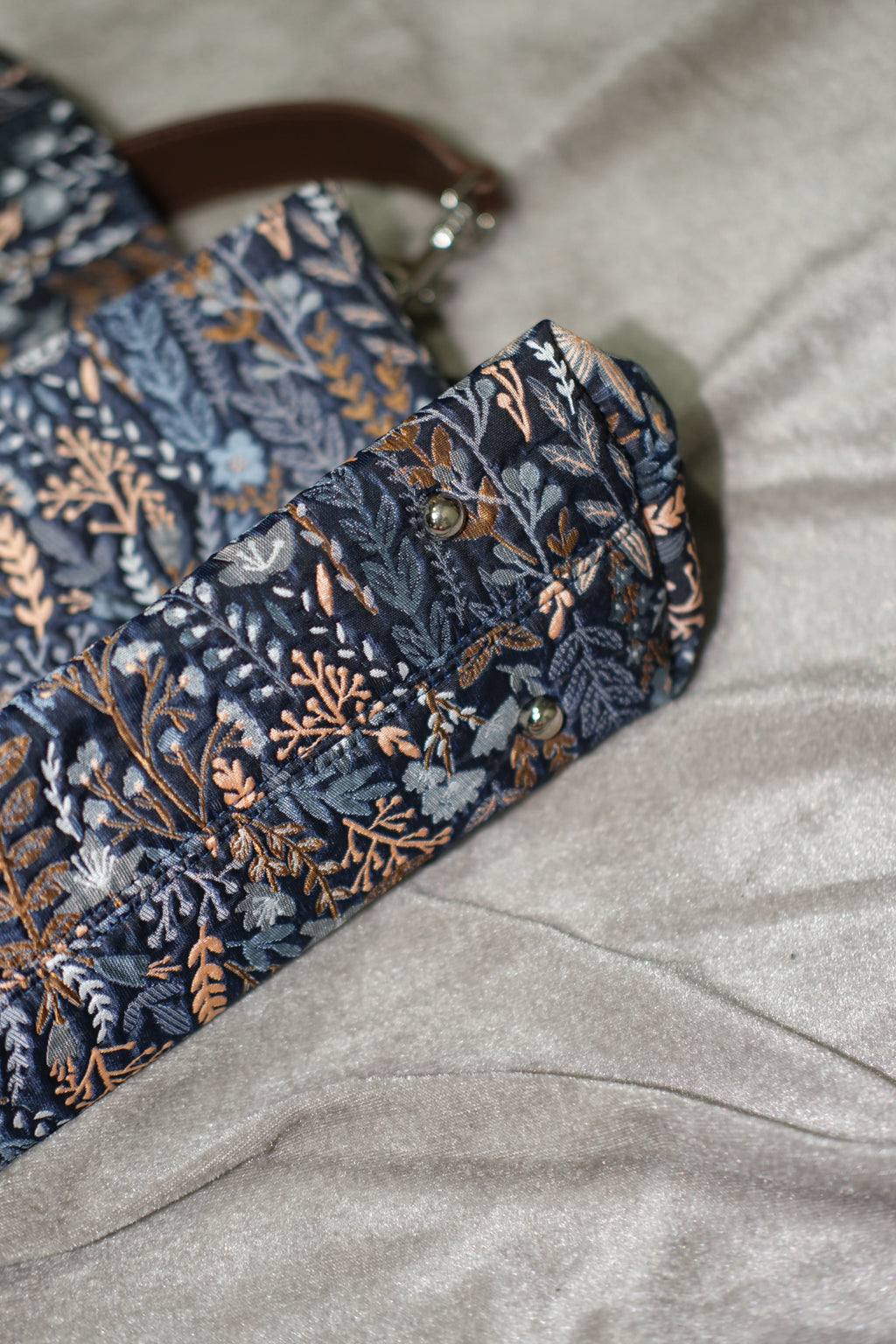 Navy Botanical Print Flap Shoulder Tote Bag