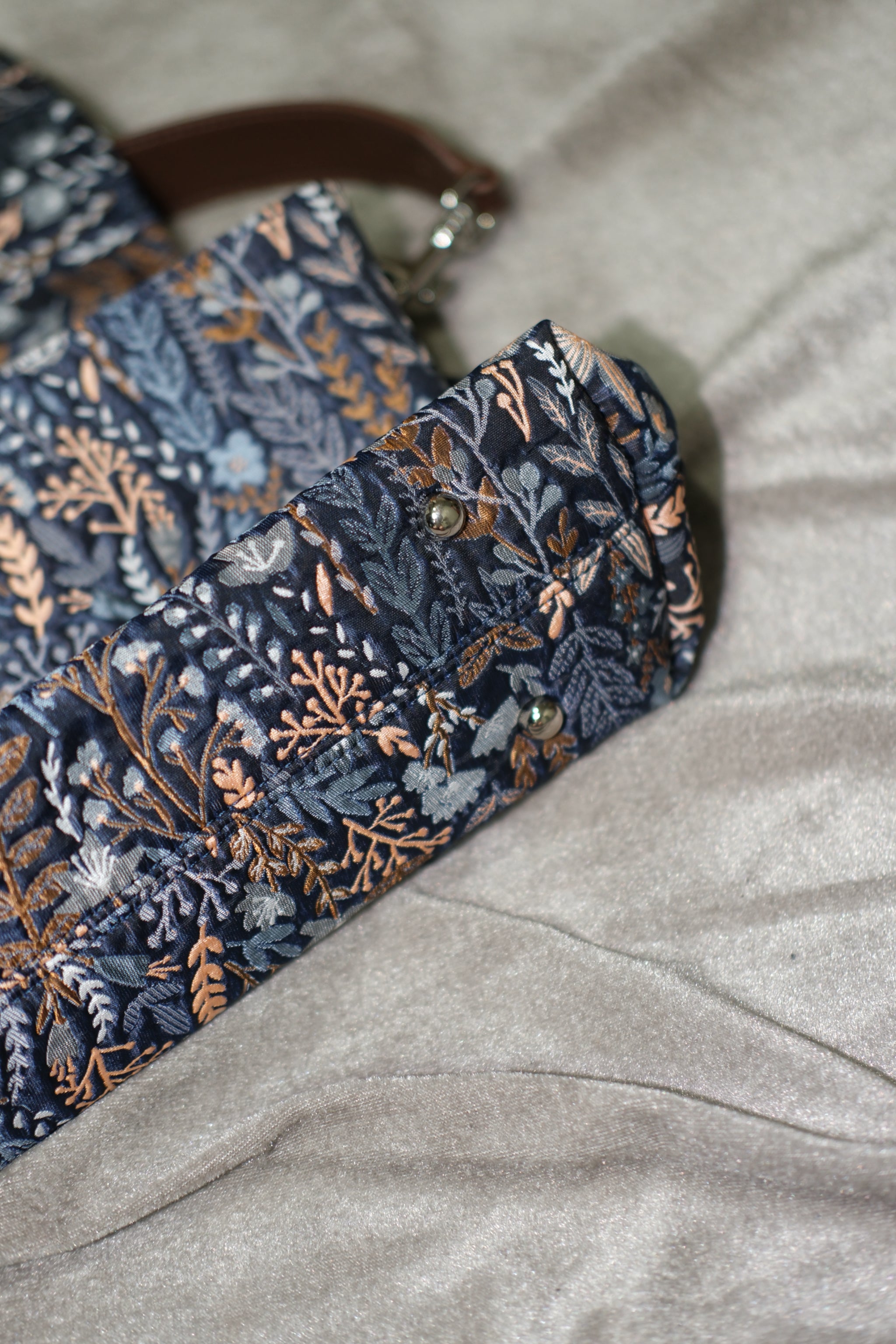 Navy Botanical Print Flap Shoulder Tote Bag