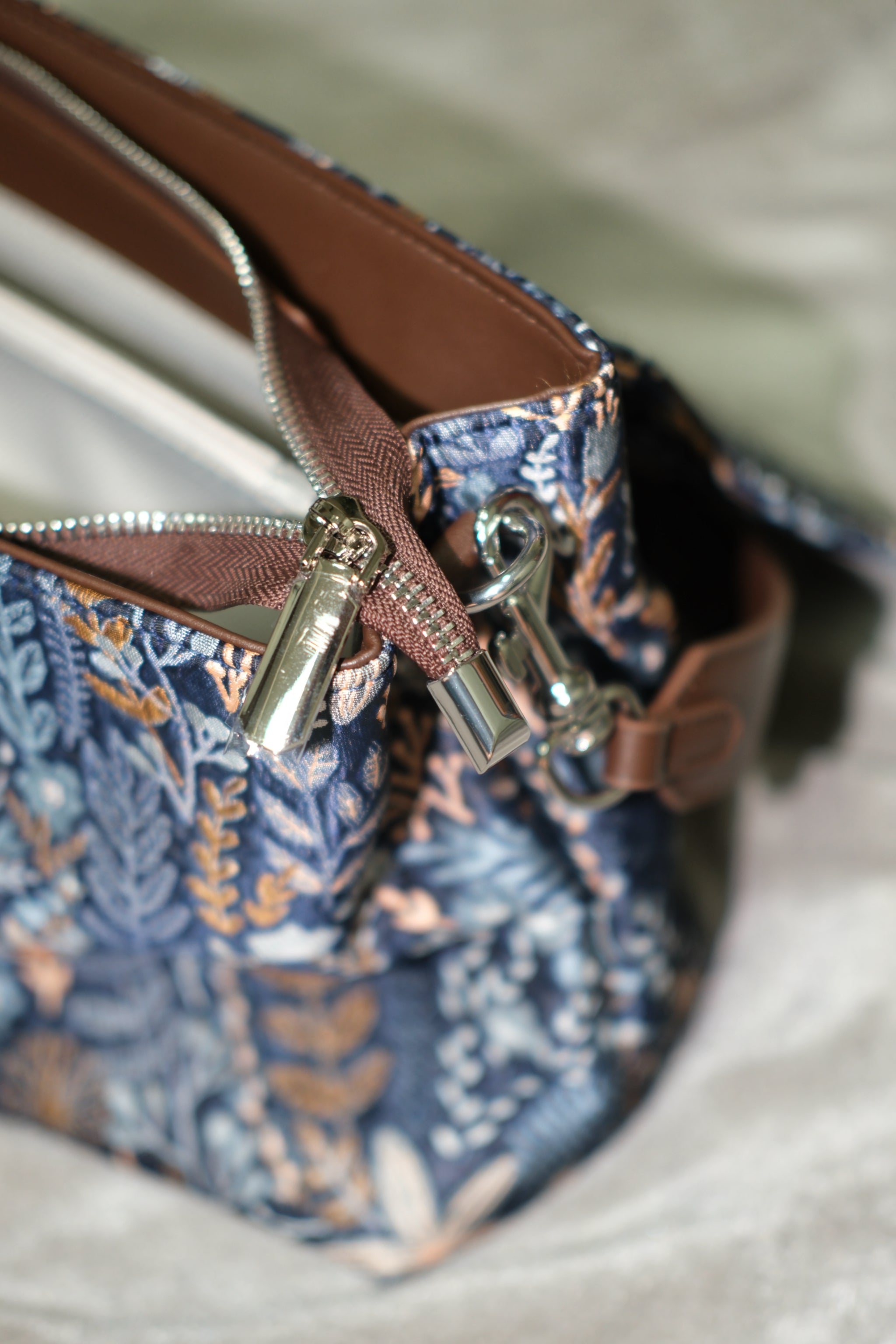 Navy Botanical Print Flap Shoulder Tote Bag