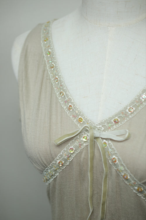 Beige Beaded Bow Sleeveless Wear