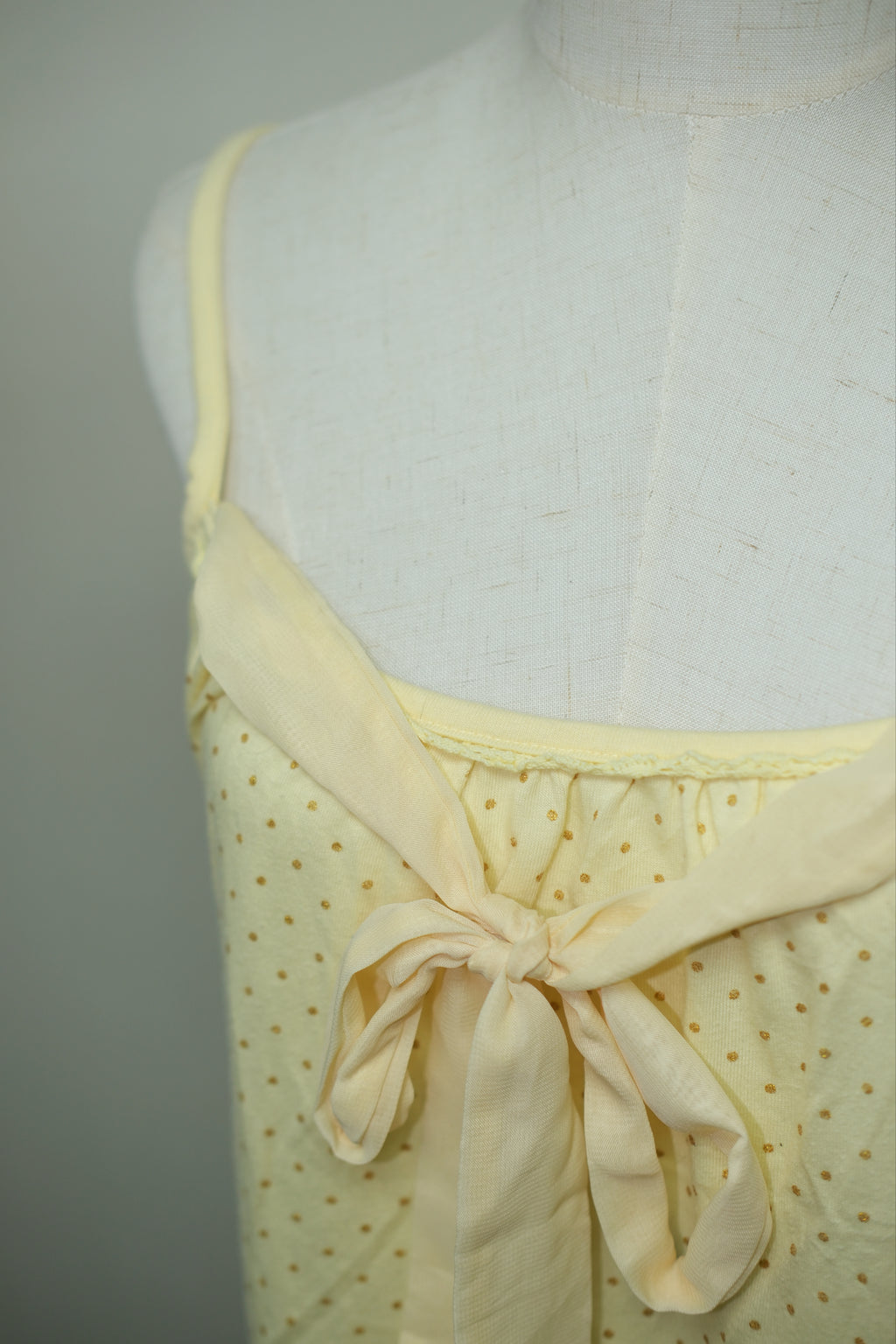 Pale Yellow Dotted Front‑Bow Lace‑Hem Wear