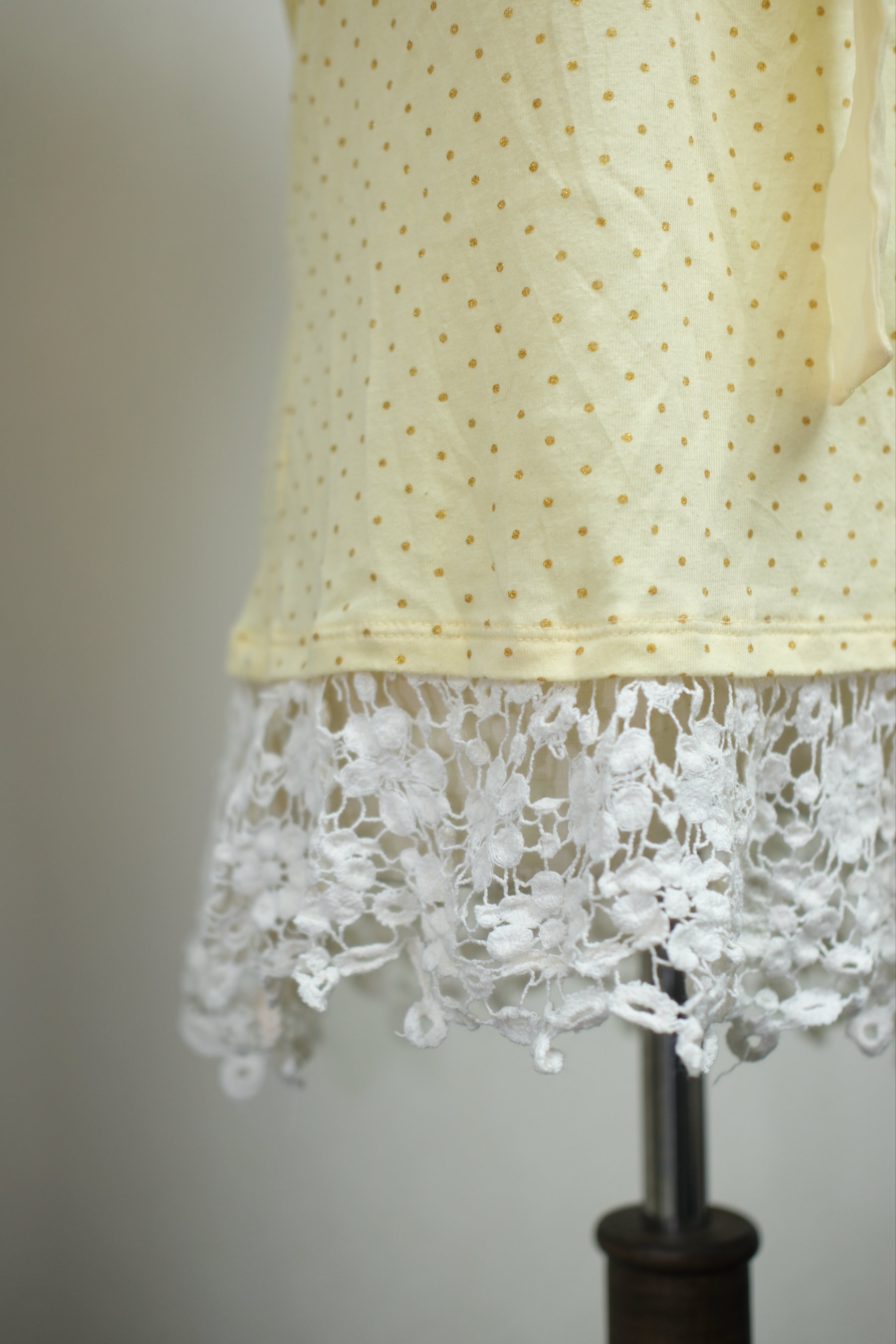 Pale Yellow Dotted Front‑Bow Lace‑Hem Wear