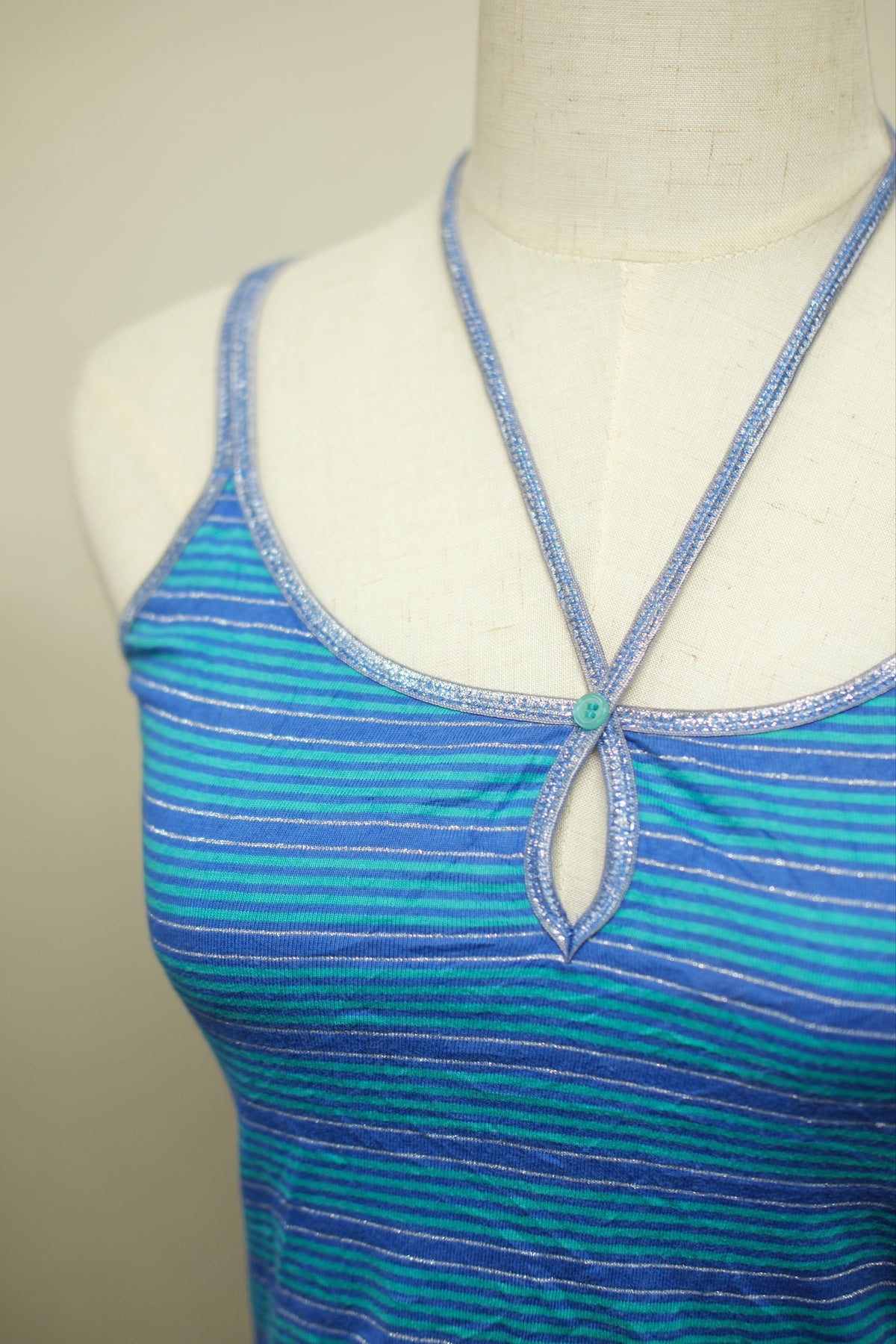 Blue Green Stripe Halter Cutout Lace Hem Wear