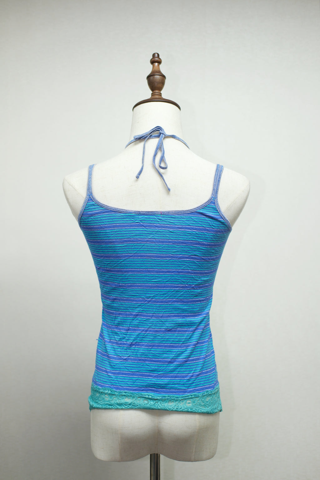 Blue Green Stripe Halter Cutout Lace Hem Wear