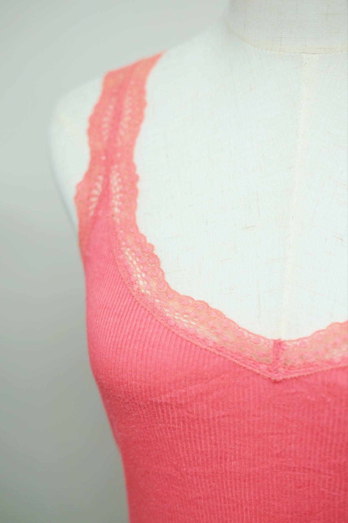 Watermelon Pink Scalloped Lace Ribbed Slim Tank