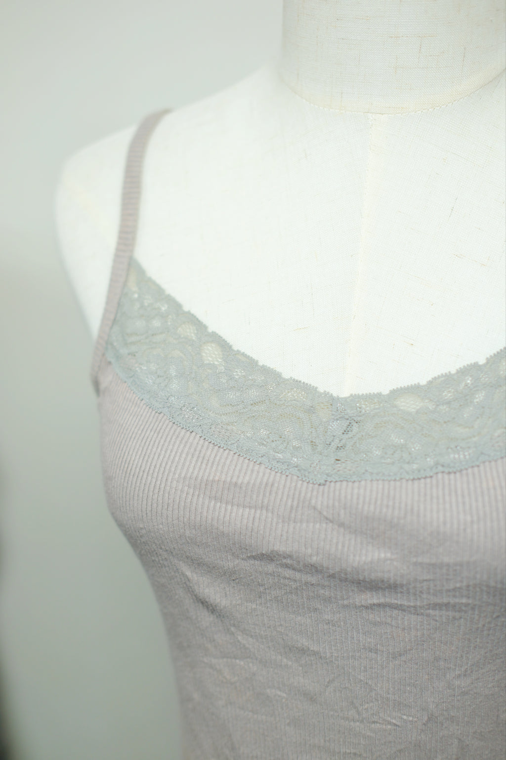 Light Grey V-Neck Lace Trim Rib Knit Tank