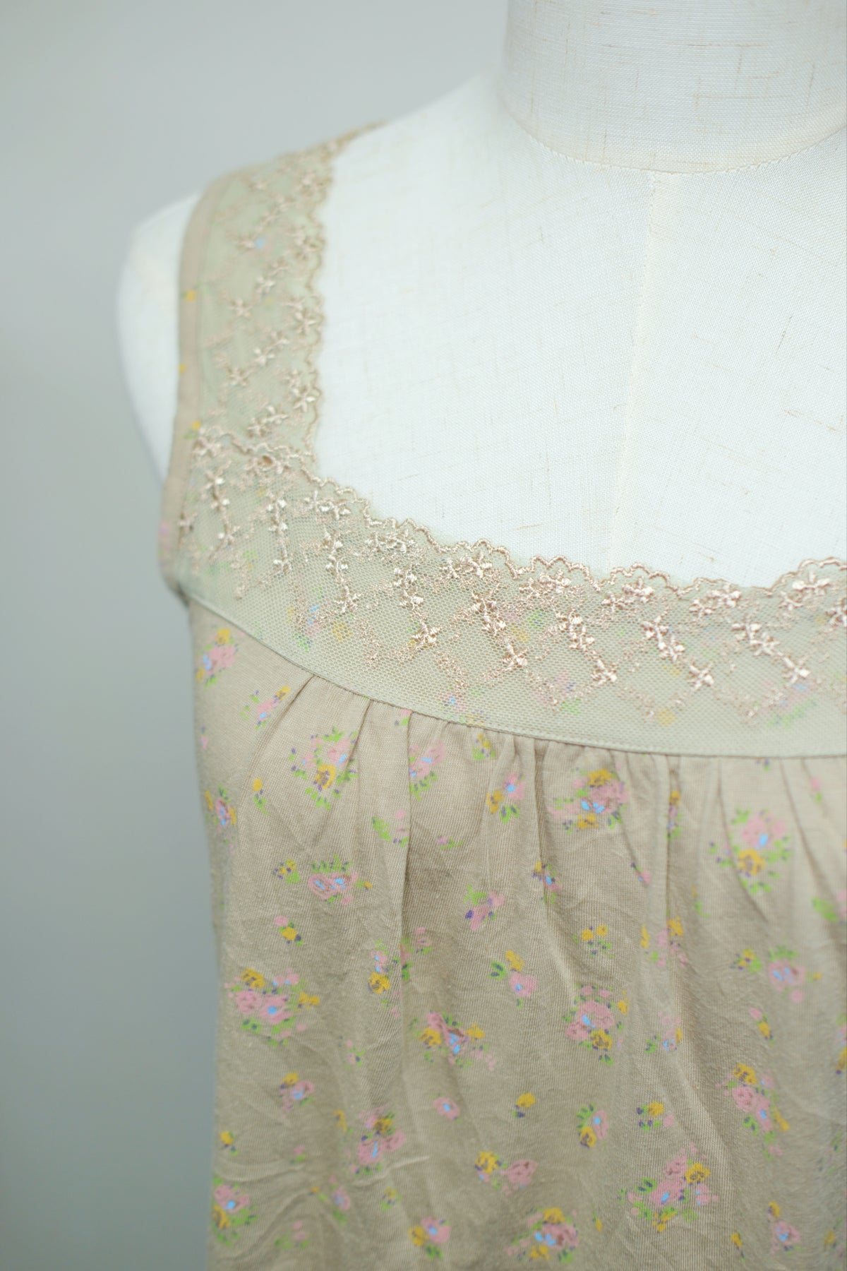 Light Khaki Square Neck Floral Long Soft Knit Tank