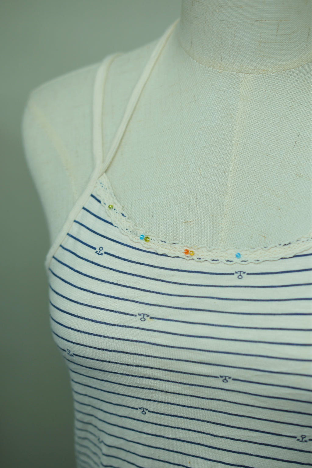 Blue White Stripe Cotton Lace Tank