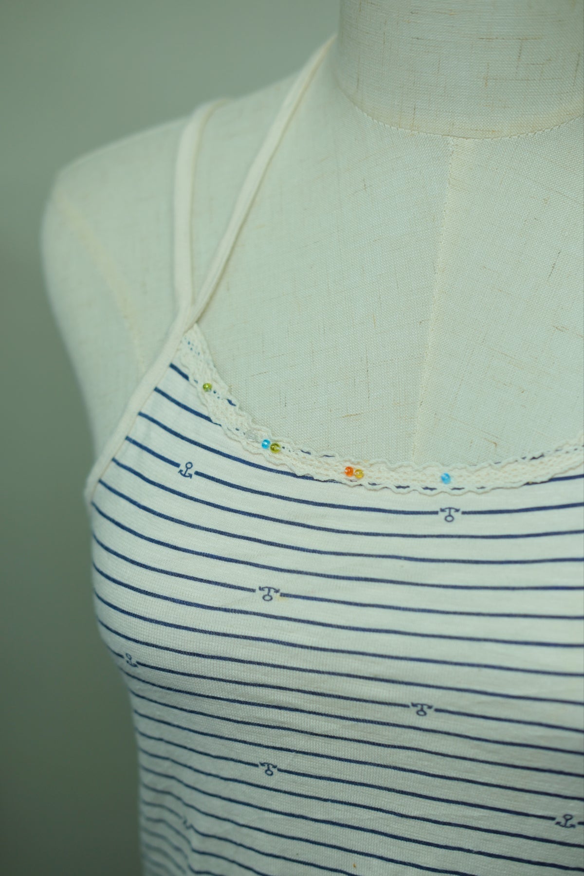 Blue White Stripe Cotton Lace Tank