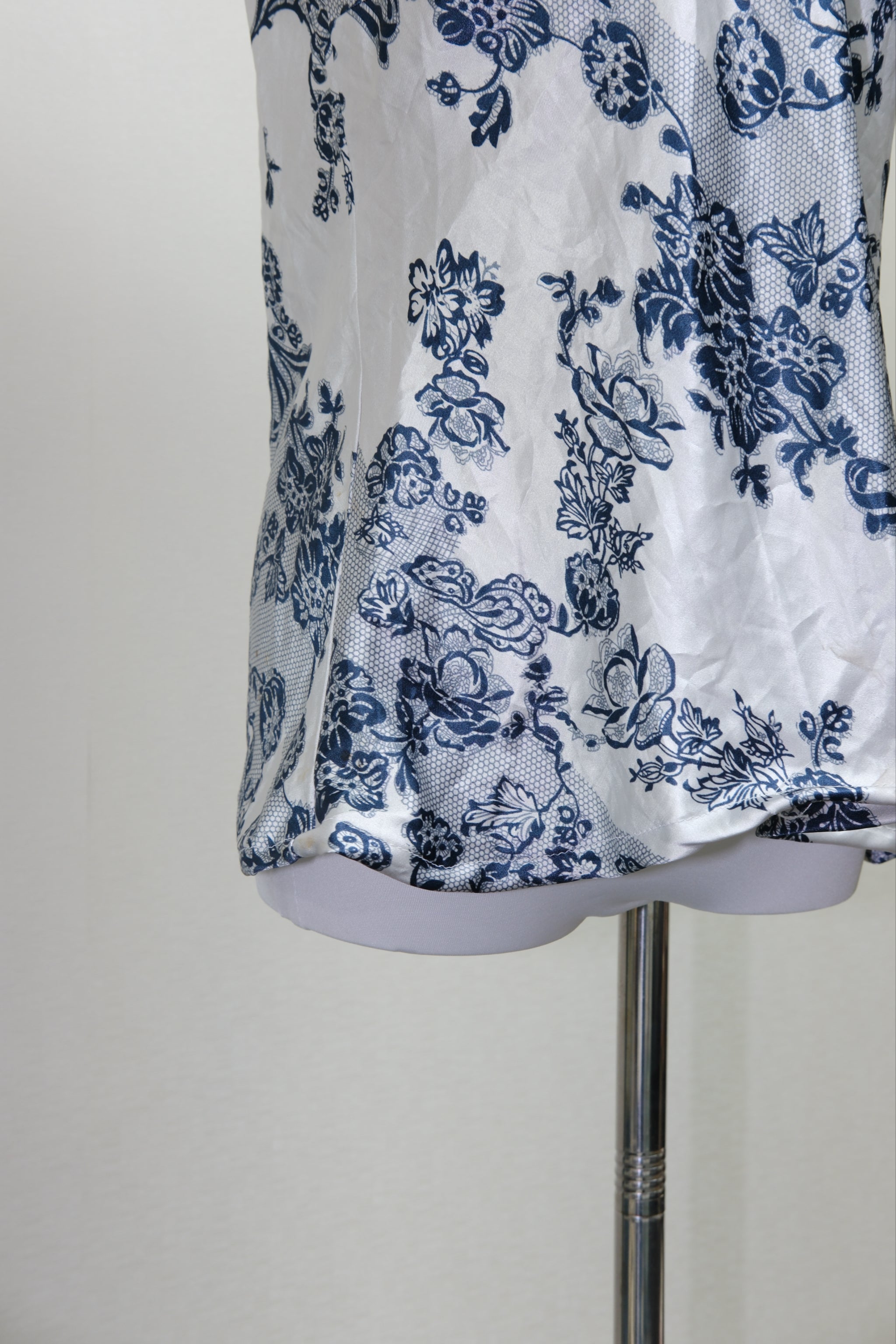 Blue & White Porcelain Print Satin Lace Cami Top