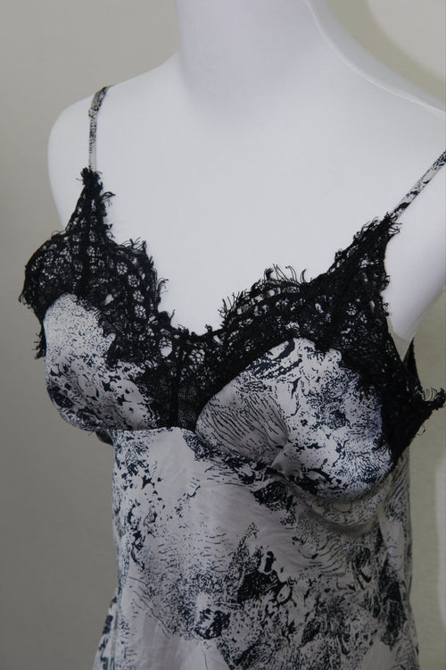 Black & White Landscape Print Satin Lace Cami Top