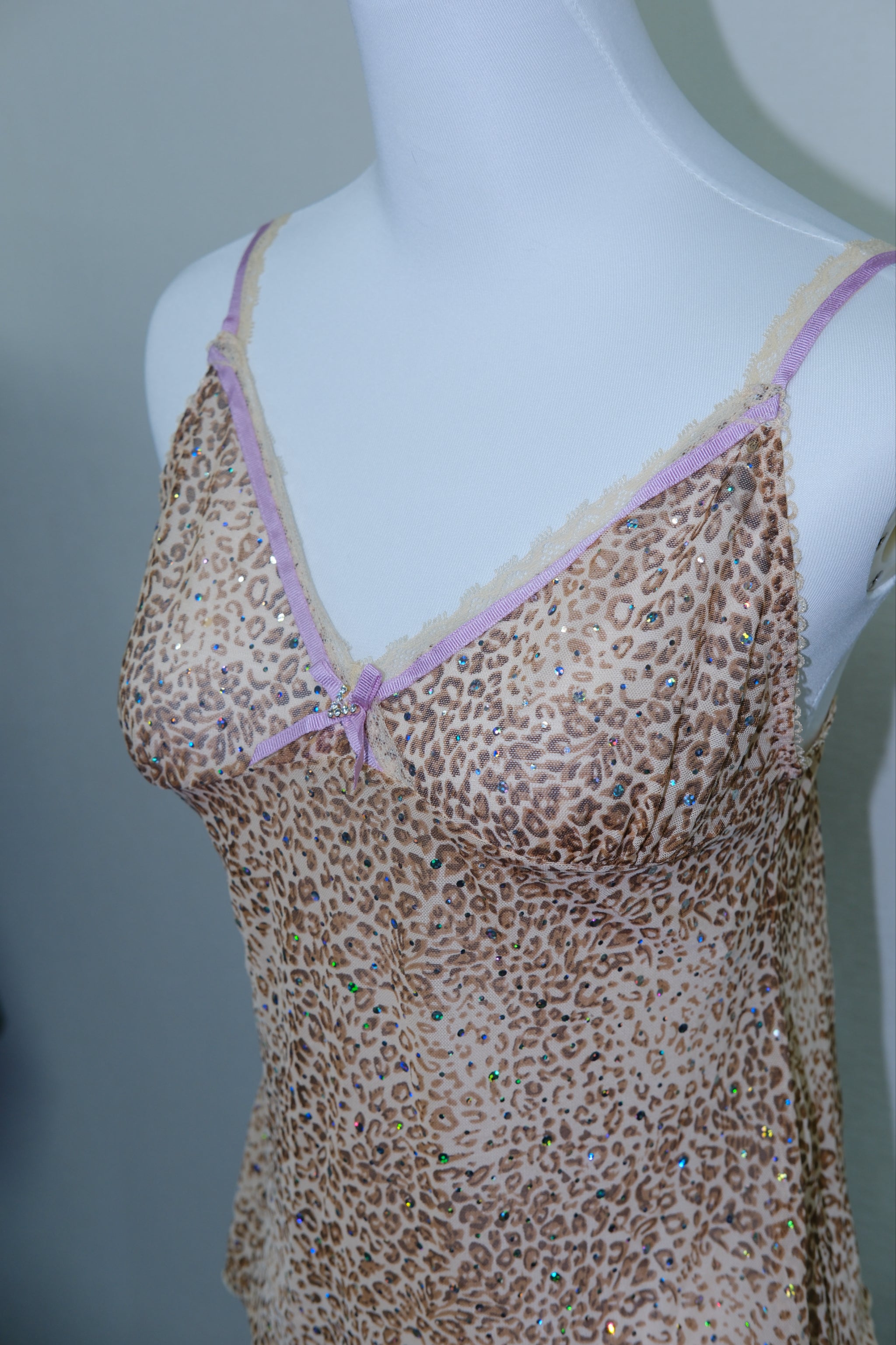 Rhinestone Leopard Print Cami Top with Lace Trim