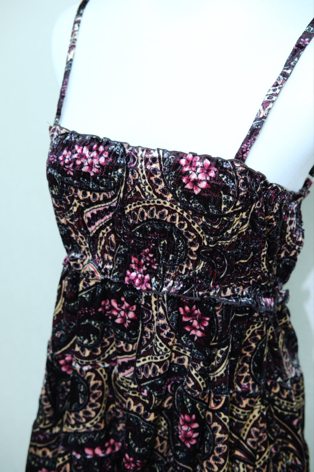 Black Velvet Paisley Floral Print Babydoll Cami Dress