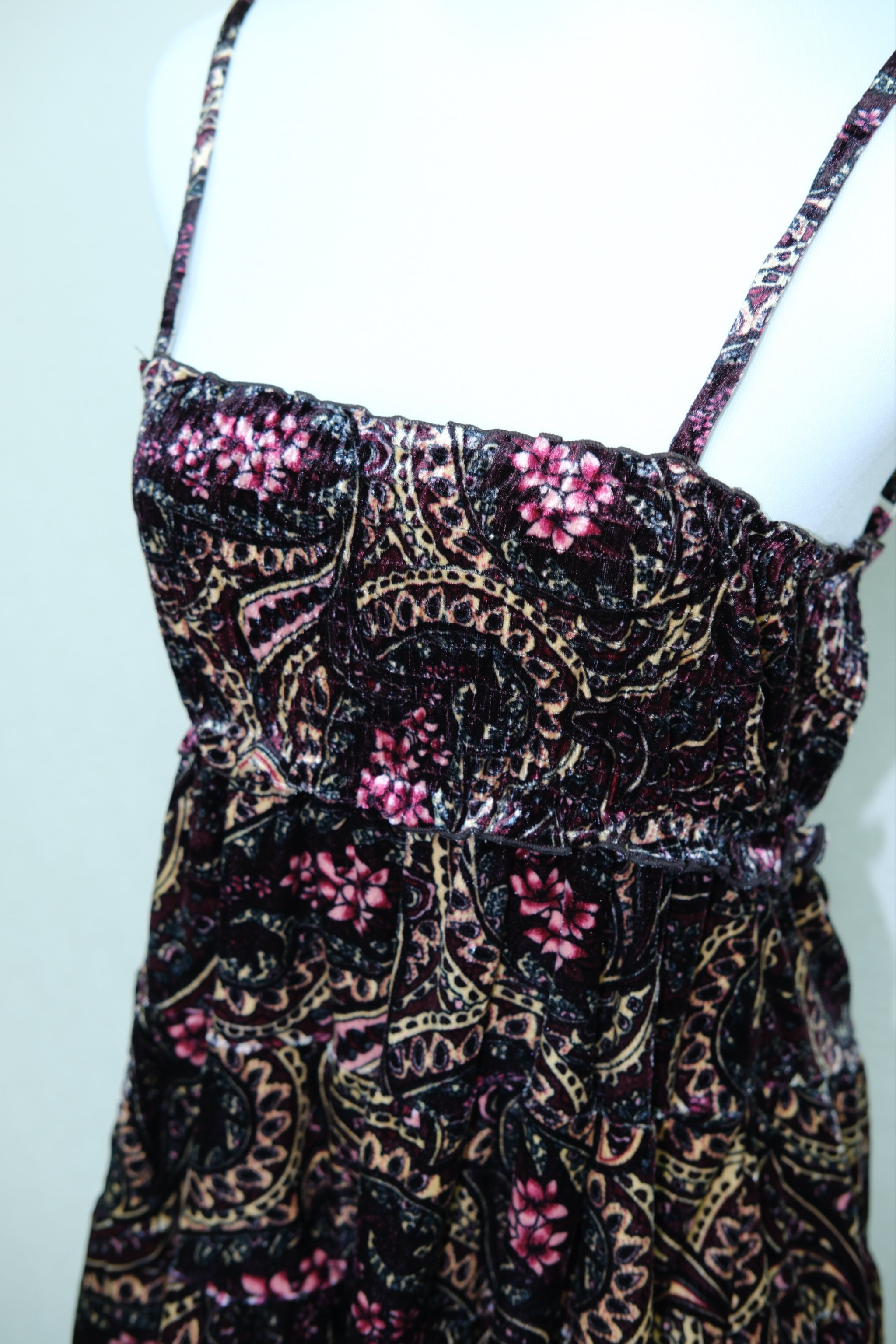 Black Velvet Paisley Floral Print Babydoll Cami Dress