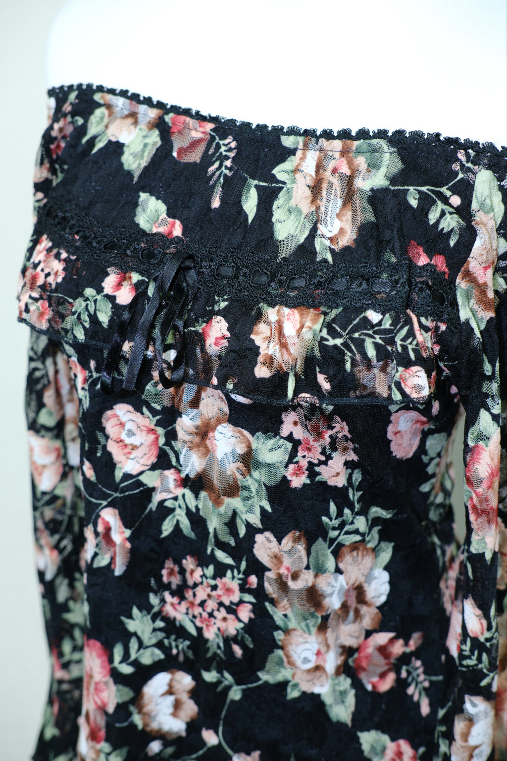 Black Floral Print Sheer Mesh Off-the-Shoulder Ruffle Blouse